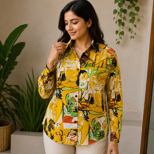 Yellow Abstract Cotton Shirt