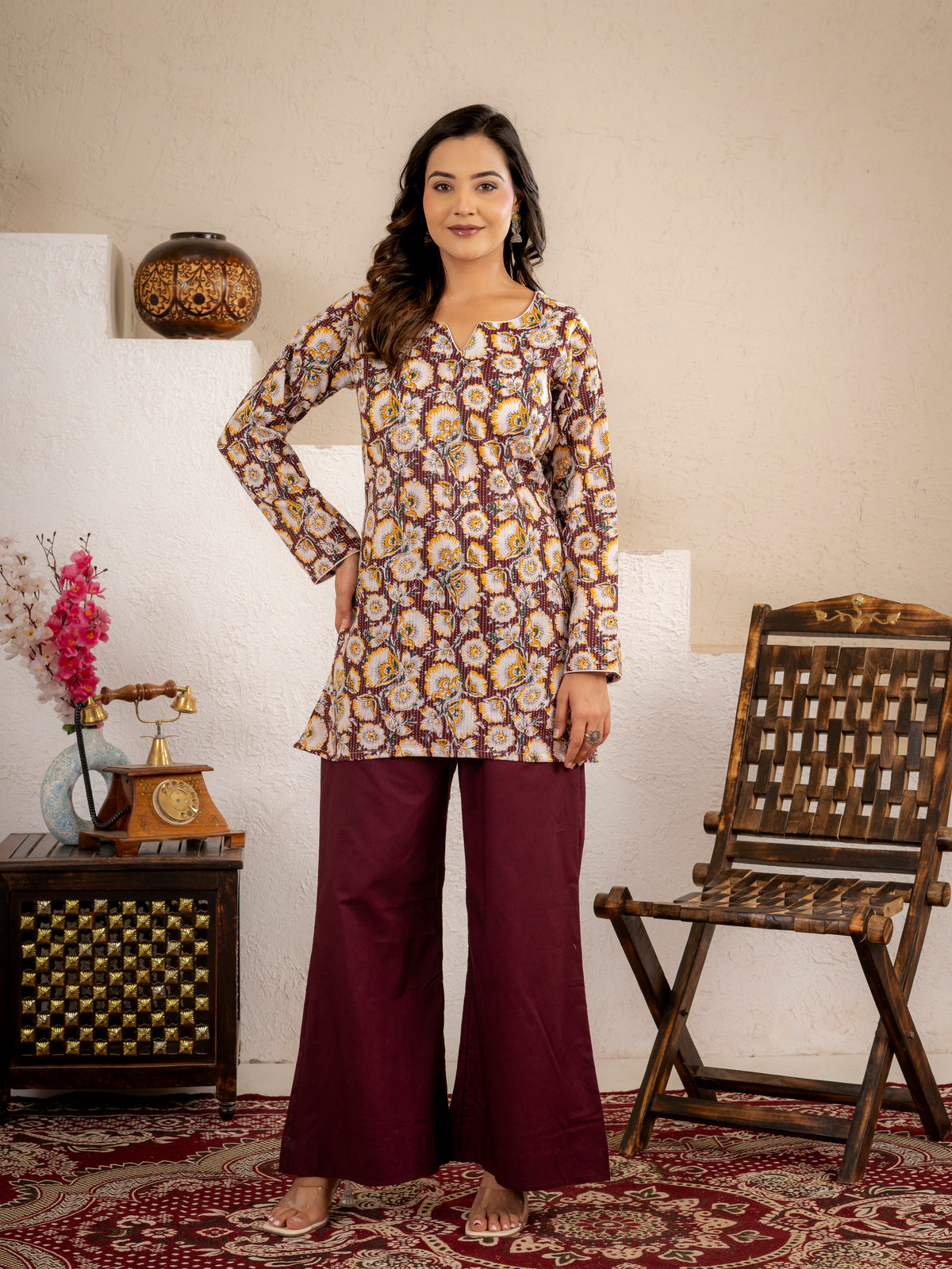 Click to view full screen Wine Gold Floral Cotton Short Kurta Set