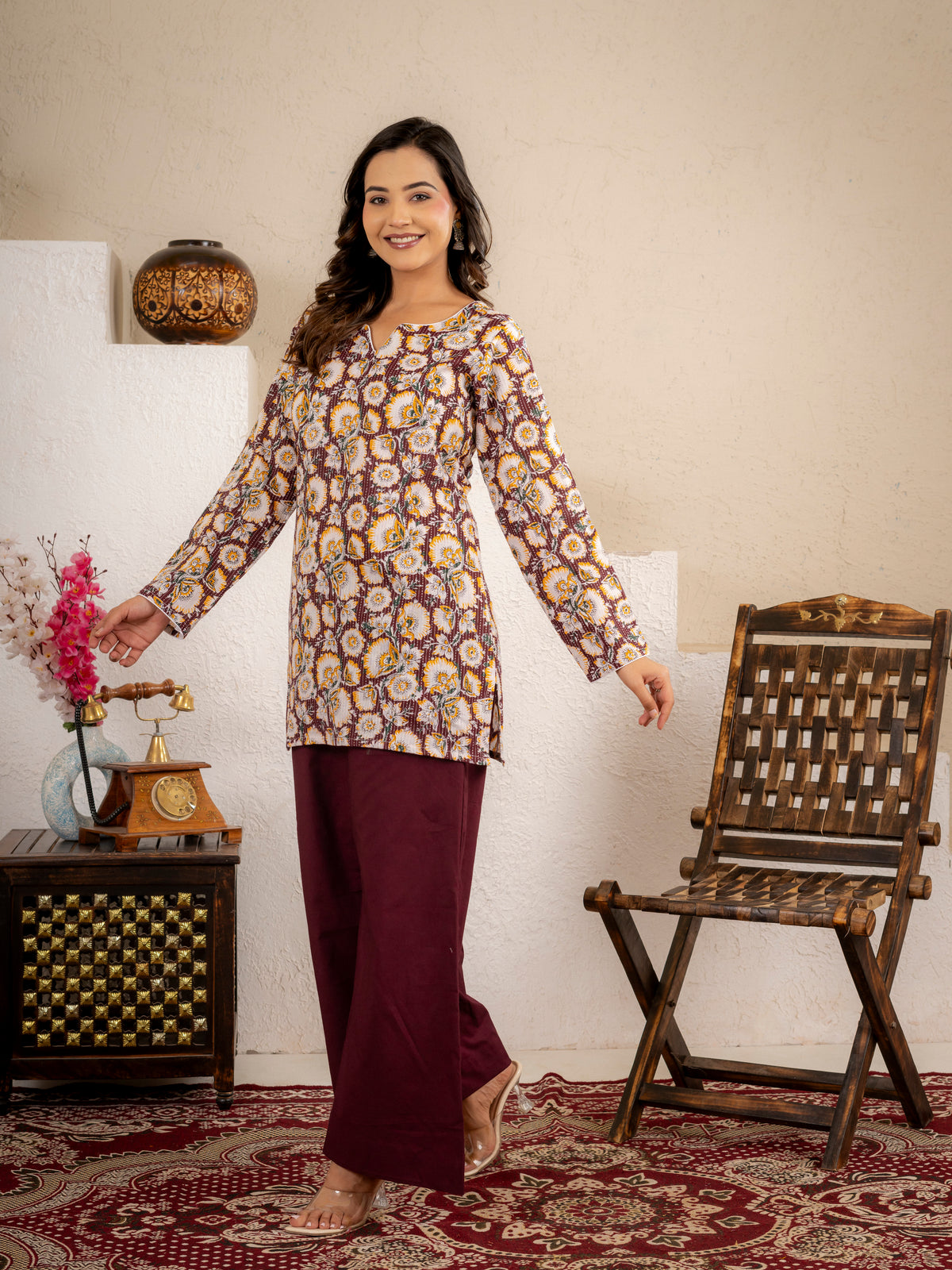 Click to view full screen Wine Gold Floral Cotton Short Kurta Set