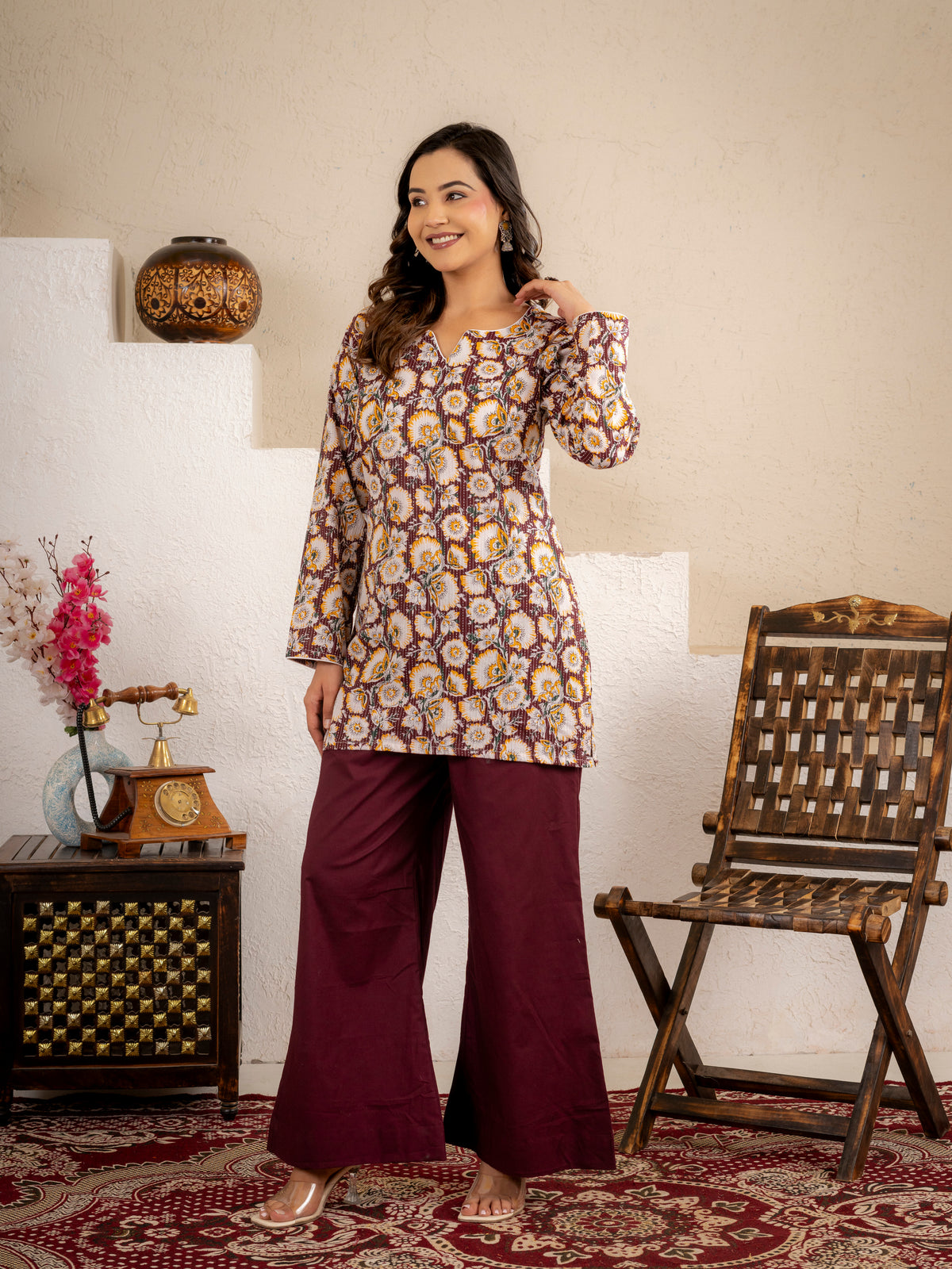 Click to view full screen Wine Gold Floral Cotton Short Kurta Set