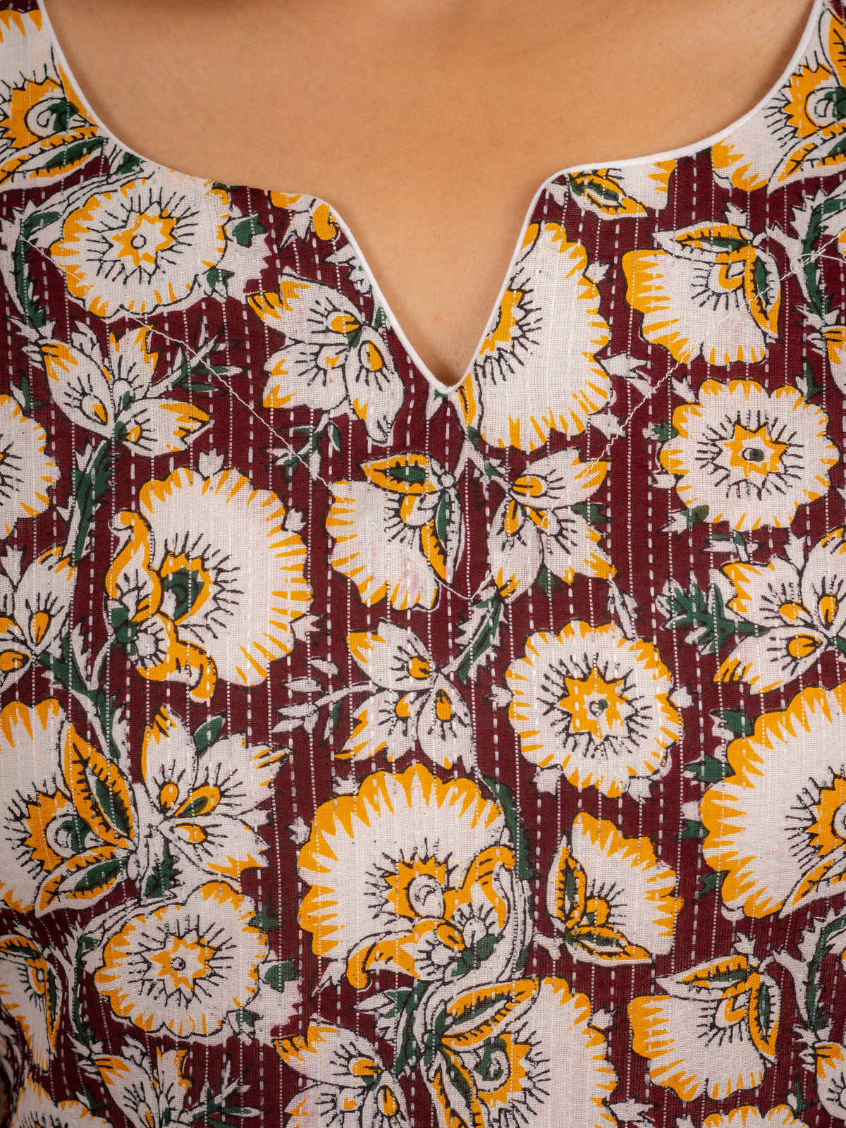 Click to view full screen Wine Gold Floral Cotton Short Kurta Set