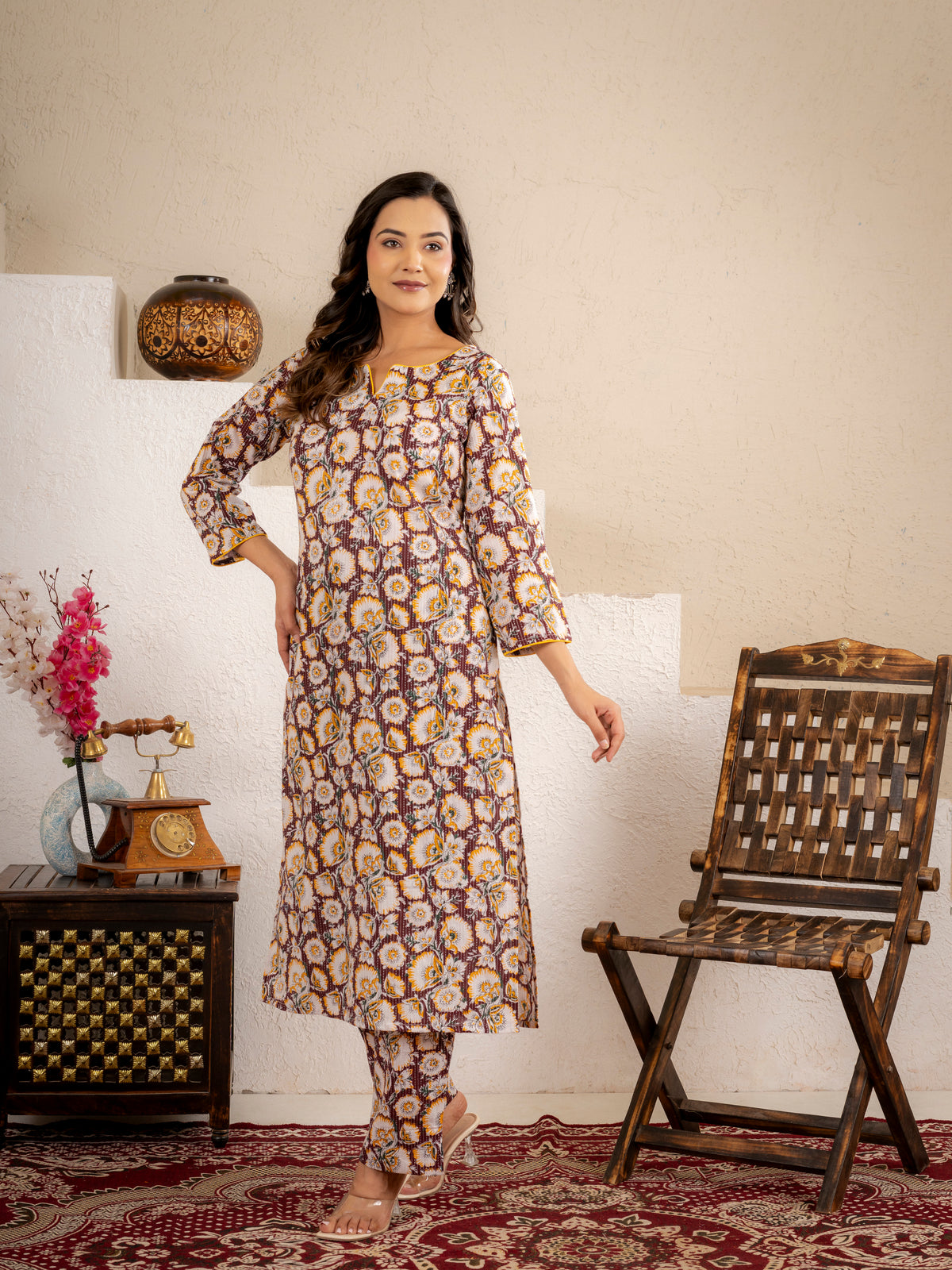 Click to view full screen Mustard Floral Printed Kurta Pant Set