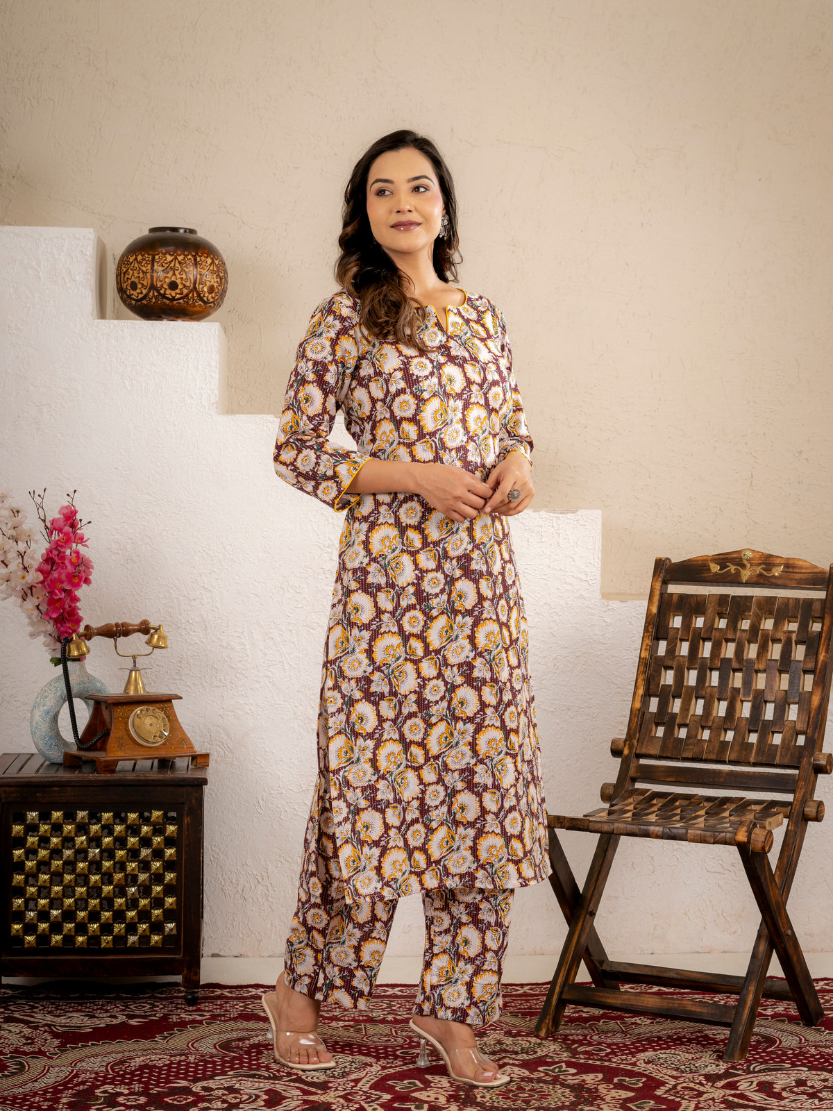Click to view full screen Mustard Floral Printed Kurta Pant Set