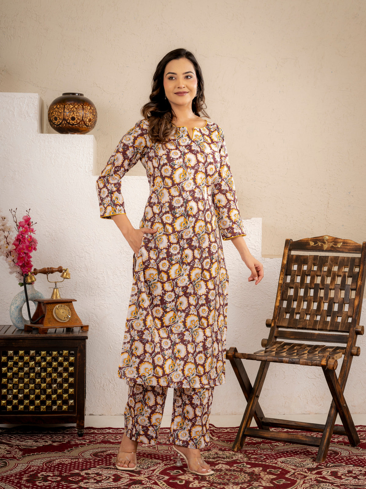 Click to view full screen Mustard Floral Printed Kurta Pant Set