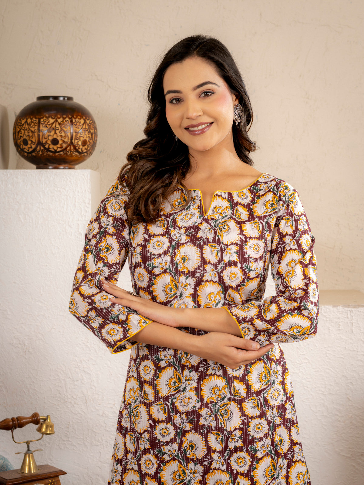 Click to view full screen Wine Gold Floral Cotton Short Kurta Set