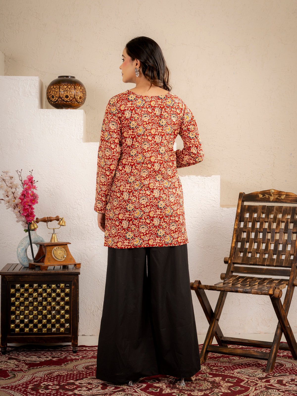 Click to view full screen Rust Red Floral Printed Short Kurta Set