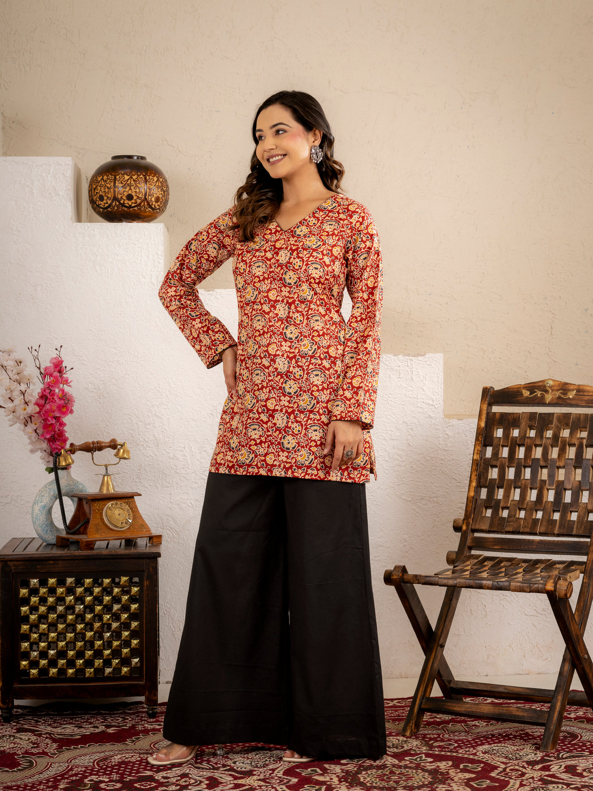 Click to view full screen Rust Red Floral Printed Short Kurta Set