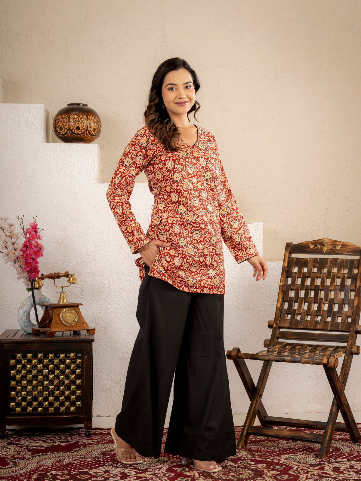 Click to view full screen Rust Red Floral Printed Short Kurta Set