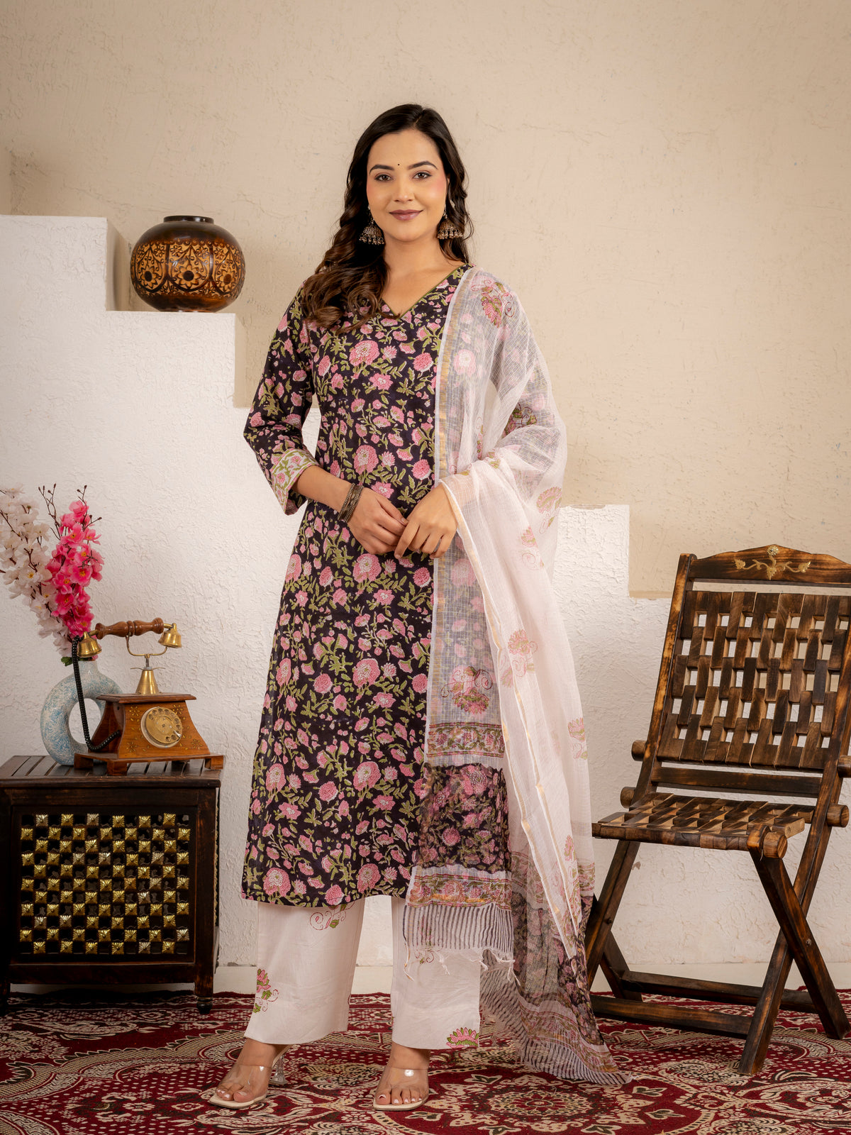 Click to view full screen Black Floral Handblock Cotton suit Set