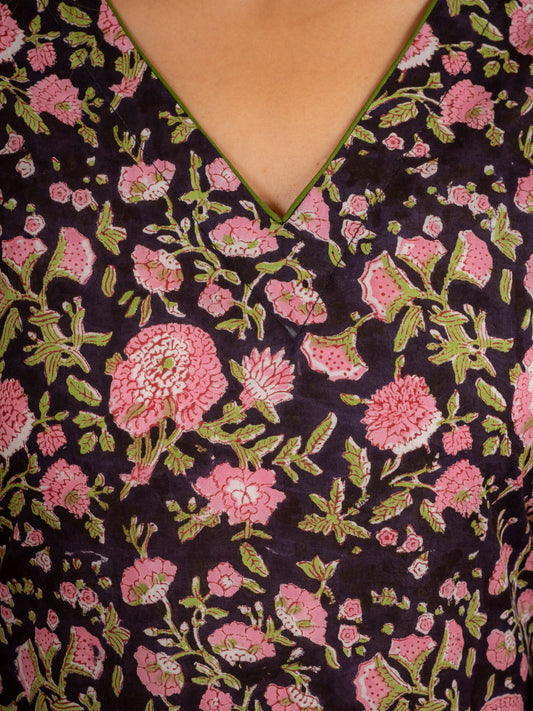 Black Floral Handblock Cotton suit Set
