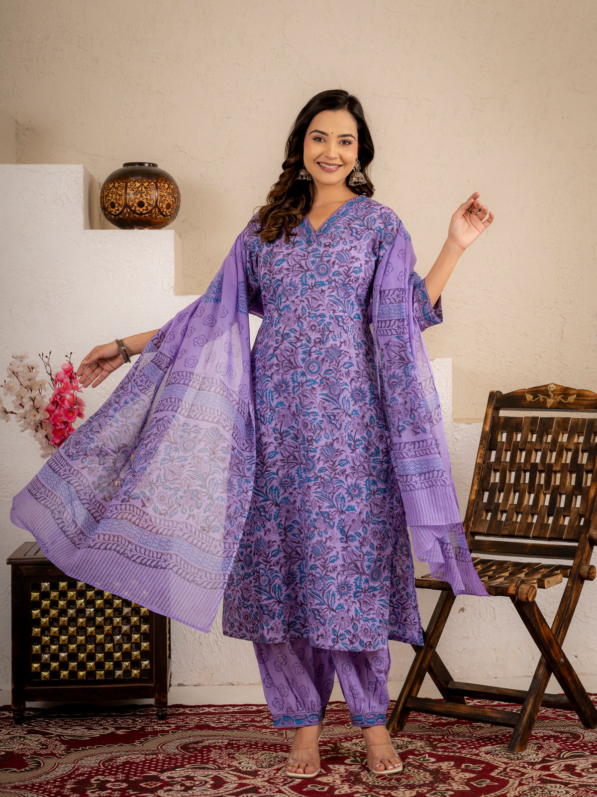 Click to view full screen Zoya Purple Floral Cotton Suit set