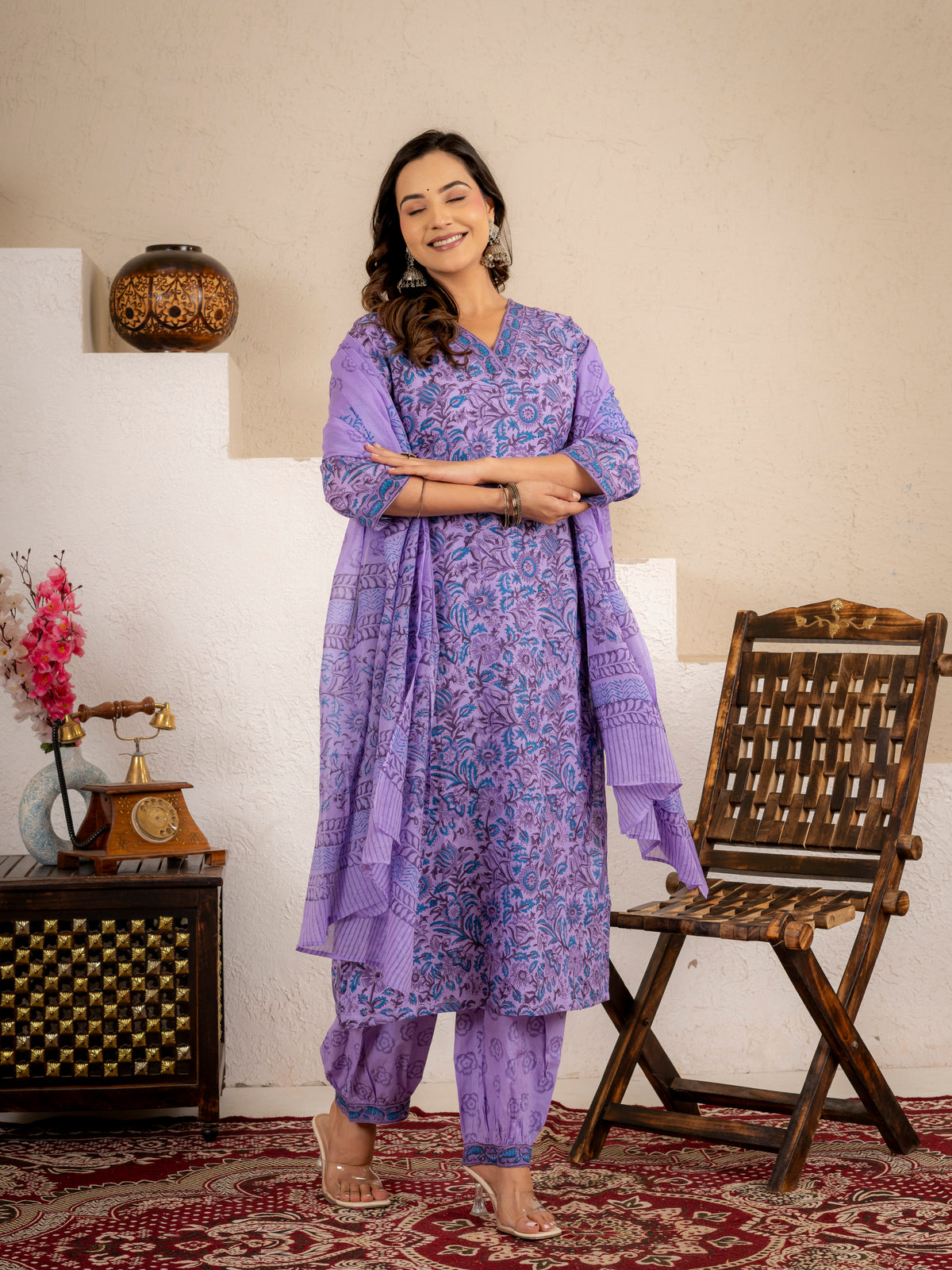 Click to view full screen Zoya Purple Floral Cotton Suit set