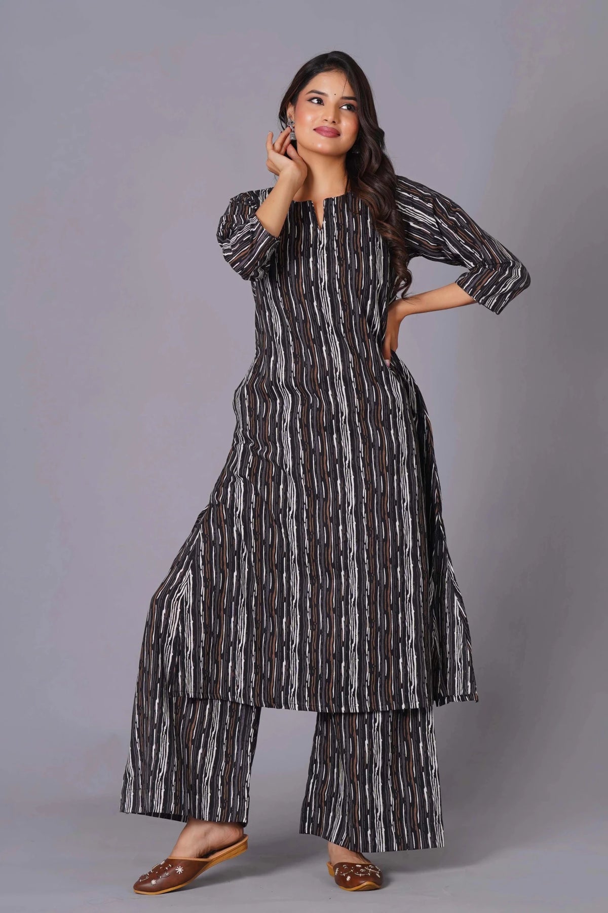 Click to view full screen A-Line Charcoal Stripe Handblock Cotton Kurta Set - Himdim Wear
