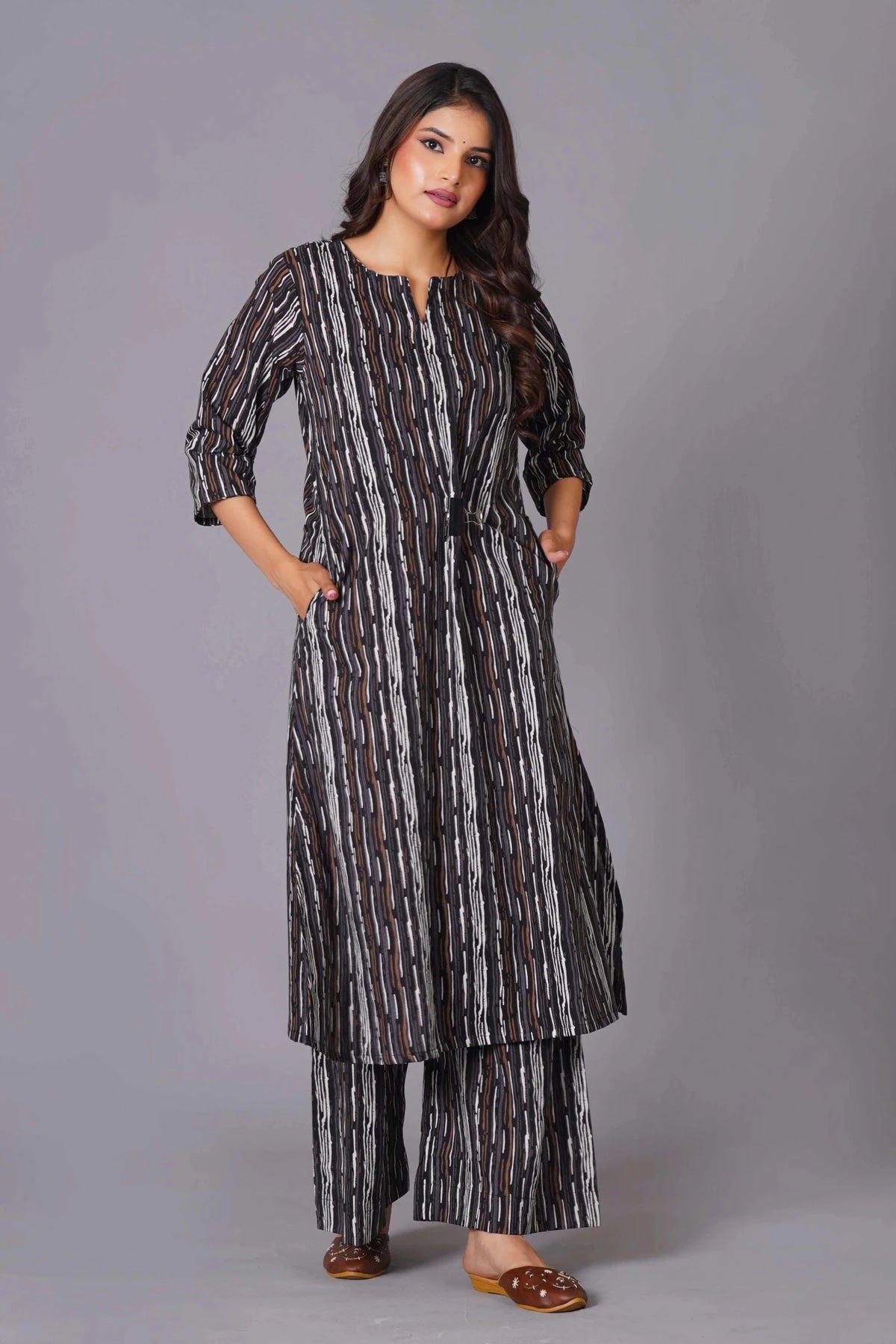 Click to view full screen A-Line Charcoal Stripe Handblock Cotton Kurta Set - Himdim Wear