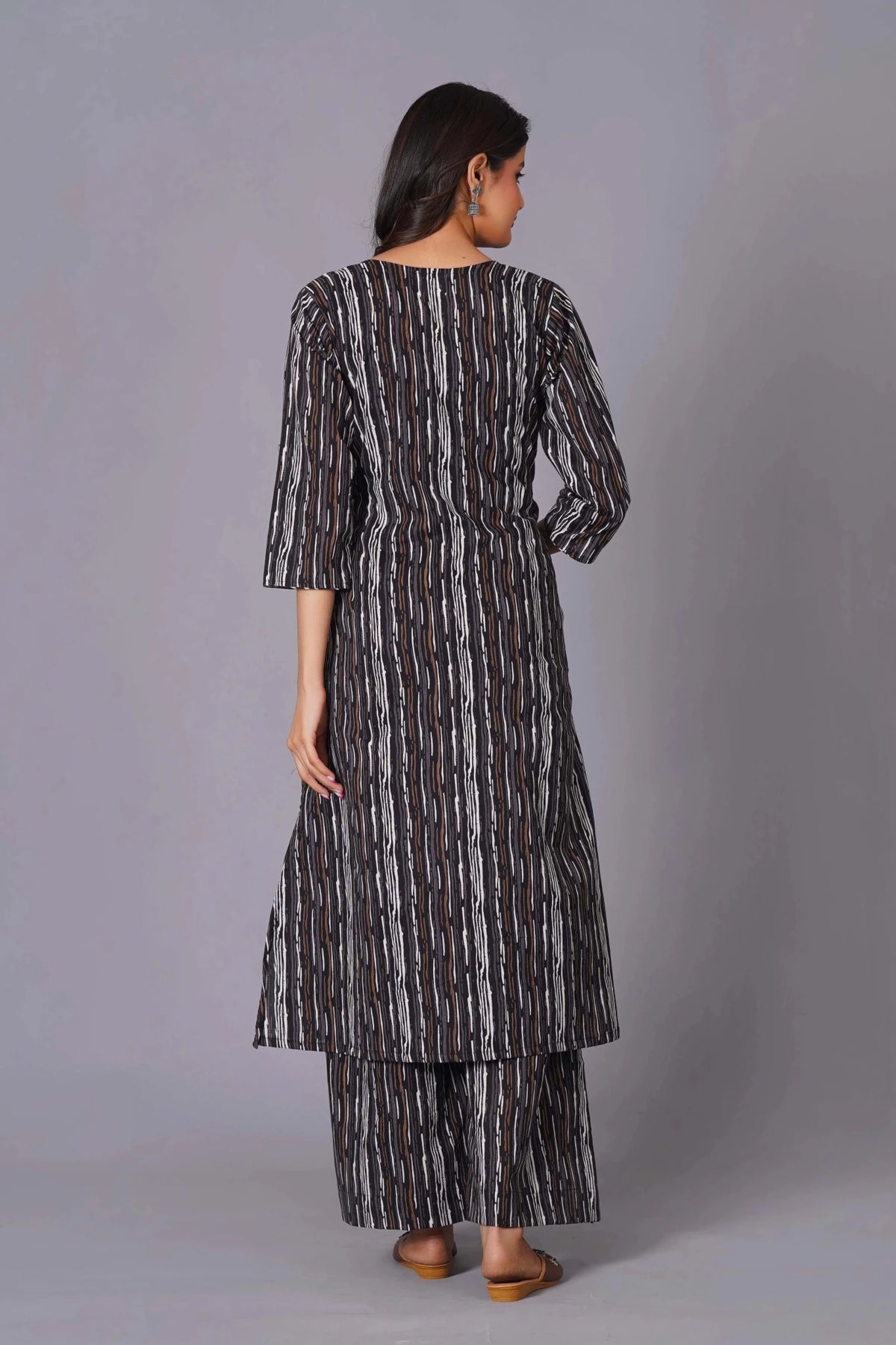 Click to view full screen A-Line Charcoal Stripe Handblock Cotton Kurta Set - Himdim Wear