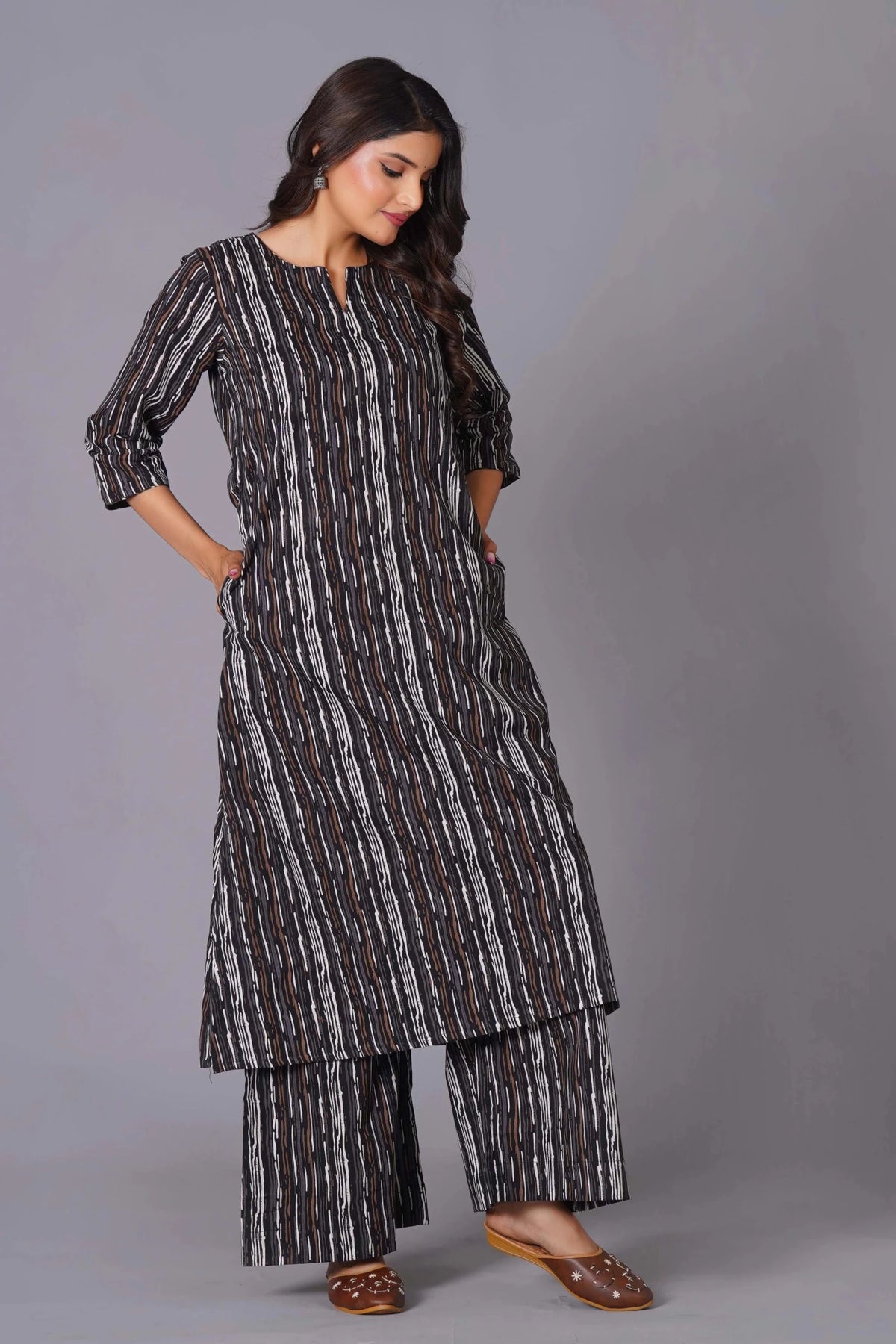 Click to view full screen A-Line Charcoal Stripe Handblock Cotton Kurta Set - Himdim Wear