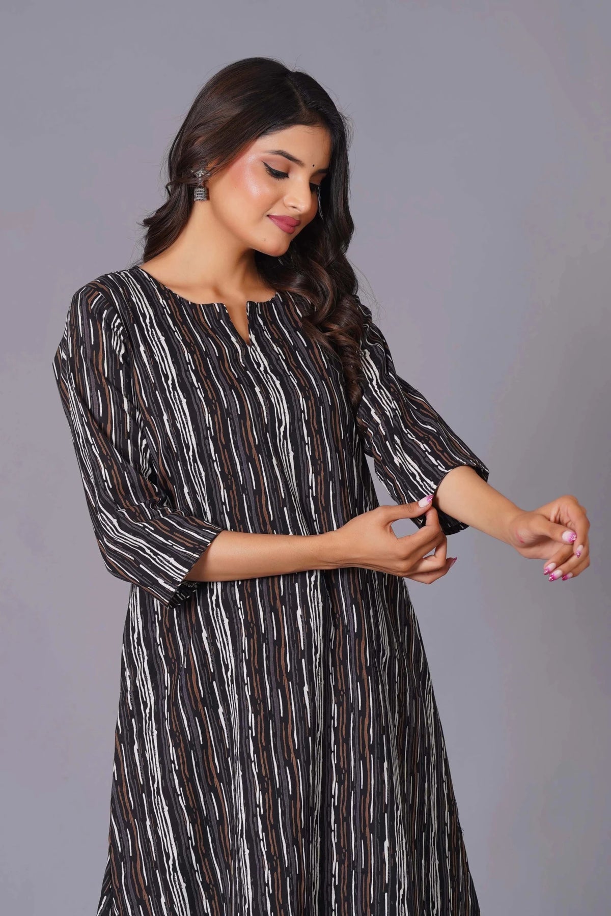 Click to view full screen A-Line Charcoal Stripe Handblock Cotton Kurta Set - Himdim Wear
