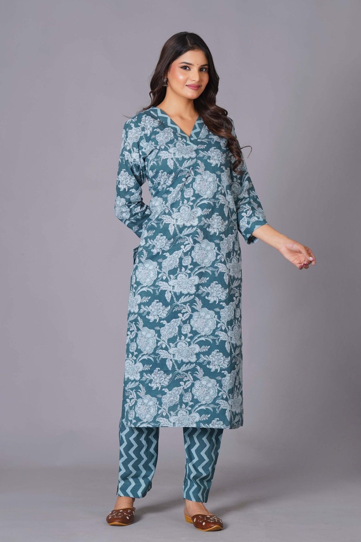 Click to view full screen Aqua Grace Handblock Cotton Suit Set - Himdim Wear