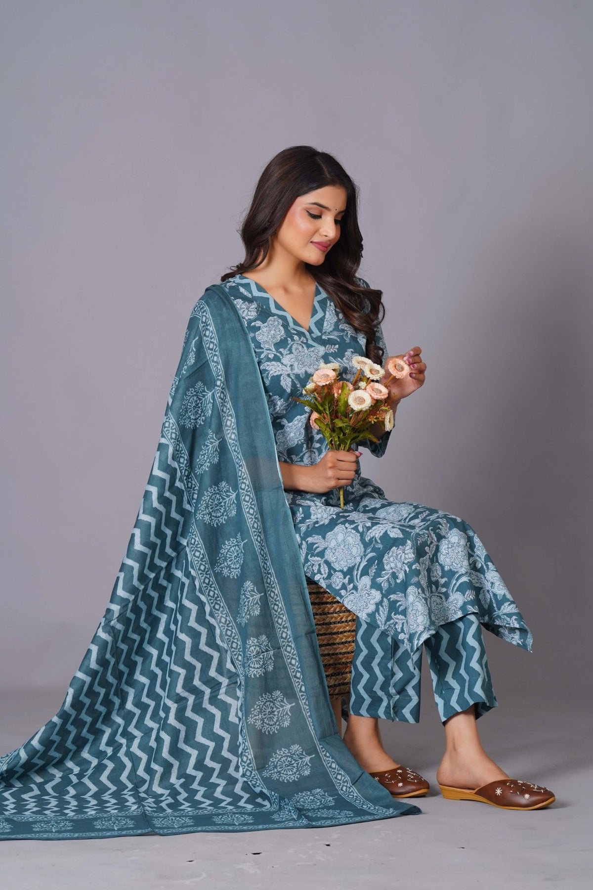Click to view full screen Aqua Grace Handblock Cotton Suit Set - Himdim Wear