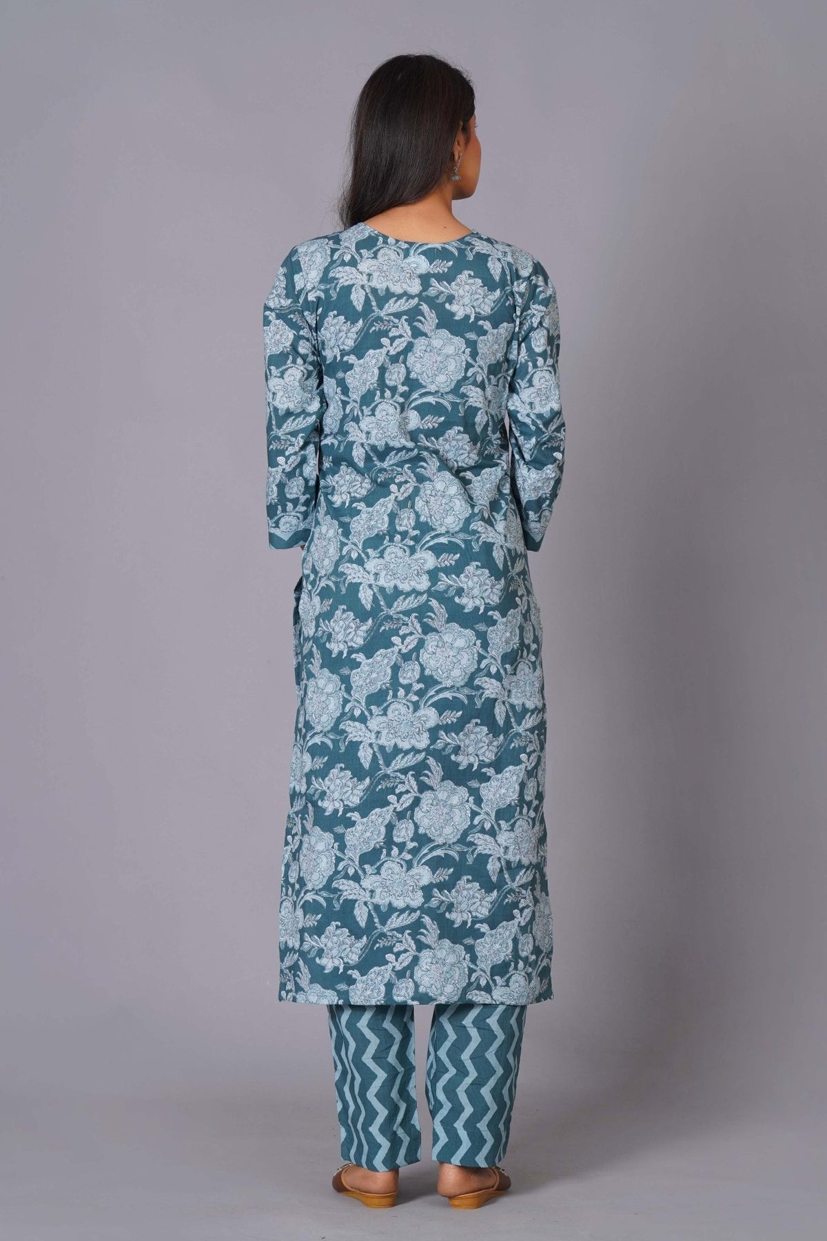 Click to view full screen Aqua Grace Handblock Cotton Suit Set - Himdim Wear