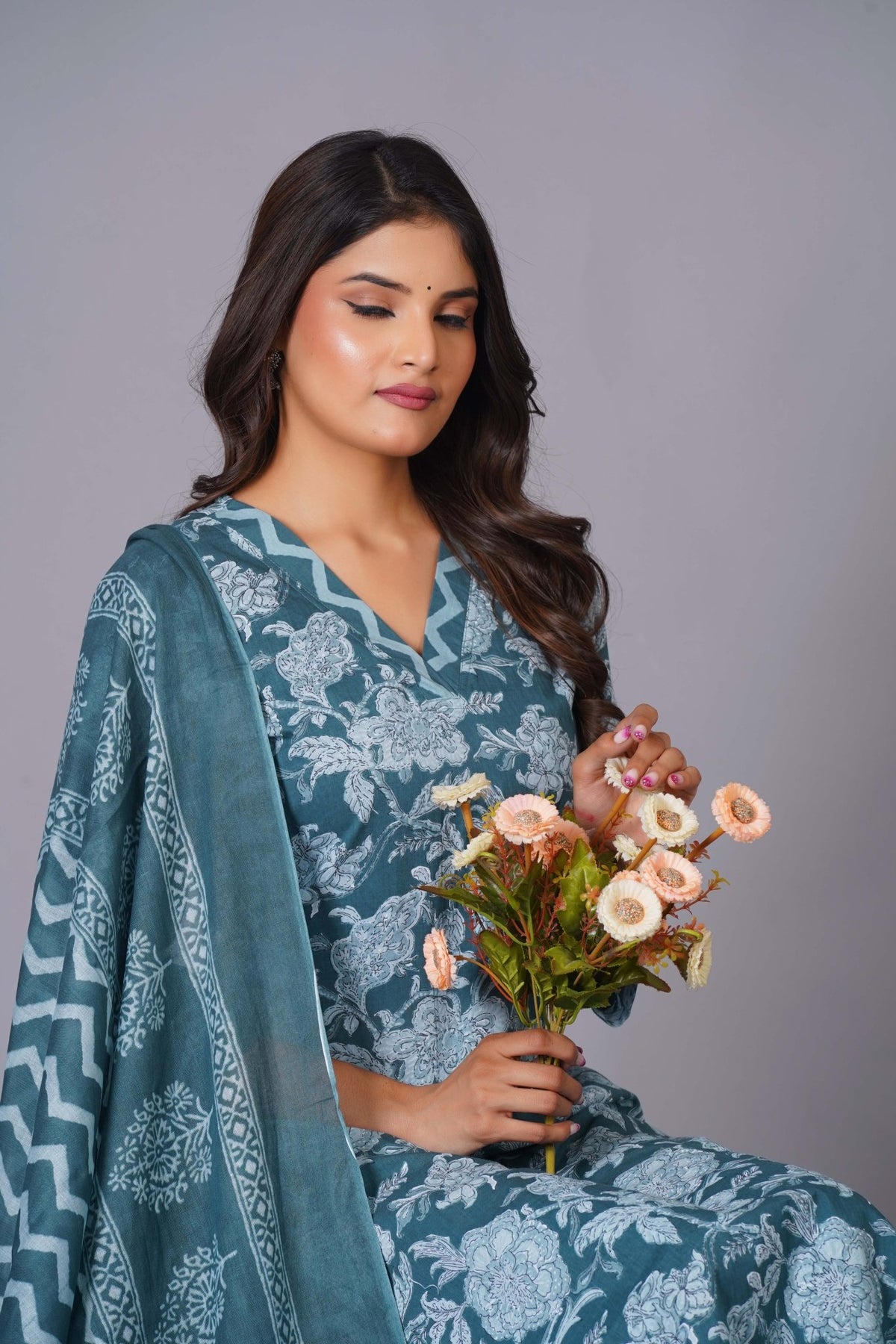 Click to view full screen Aqua Grace Handblock Cotton Suit Set - Himdim Wear