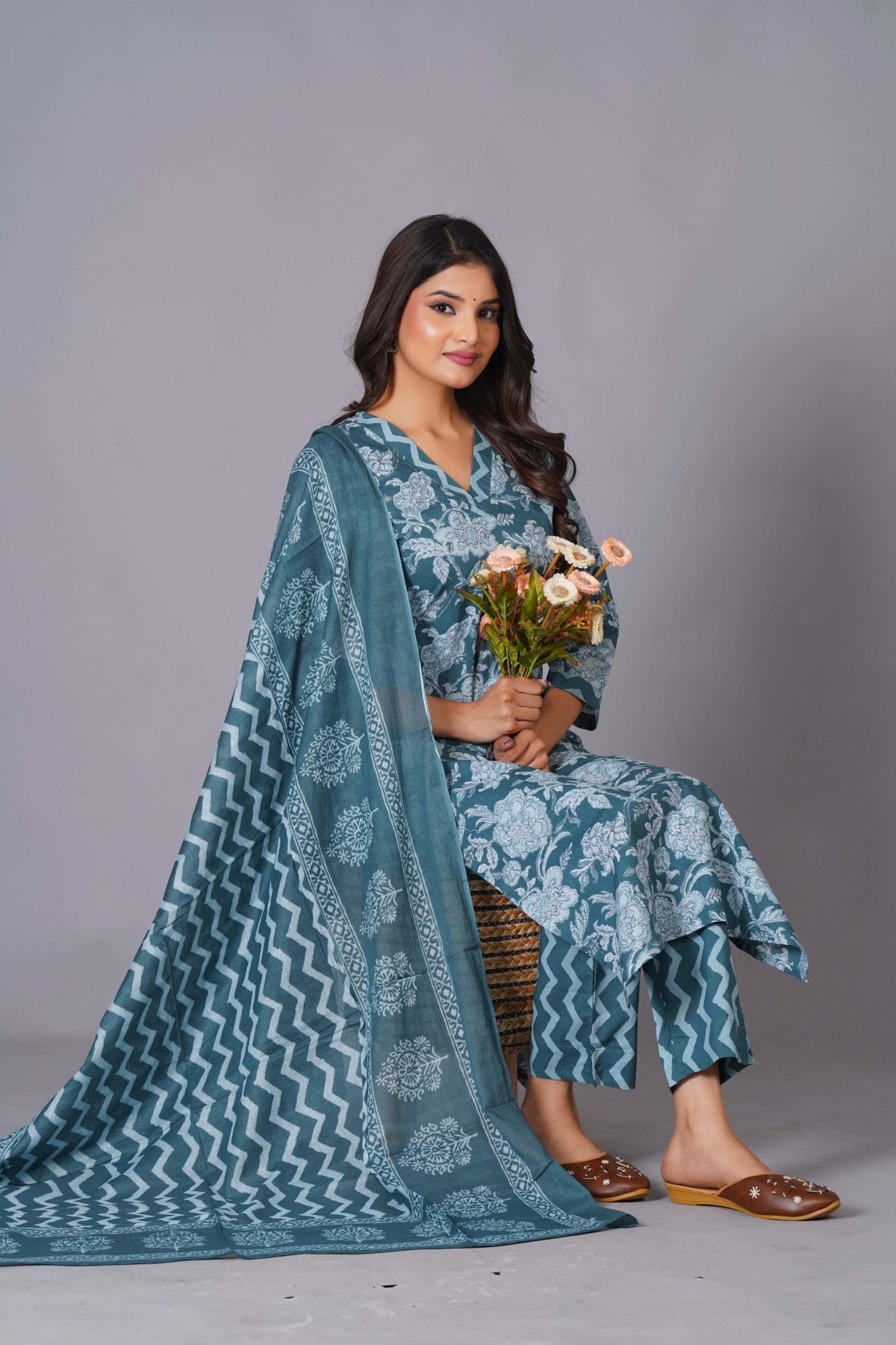 Click to view full screen Aqua Grace Handblock Cotton Suit Set - Himdim Wear