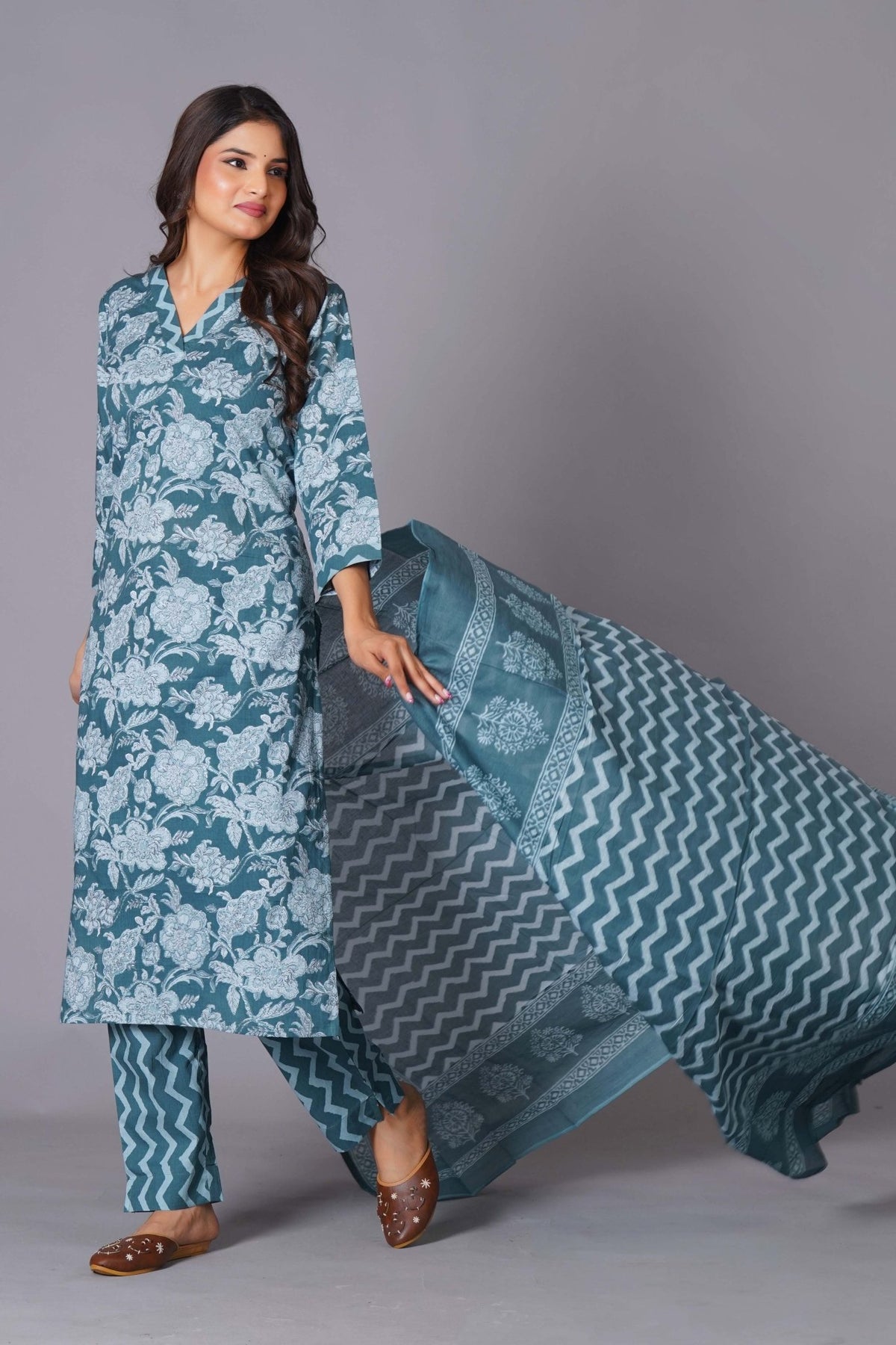 Click to view full screen Aqua Grace Handblock Cotton Suit Set - Himdim Wear