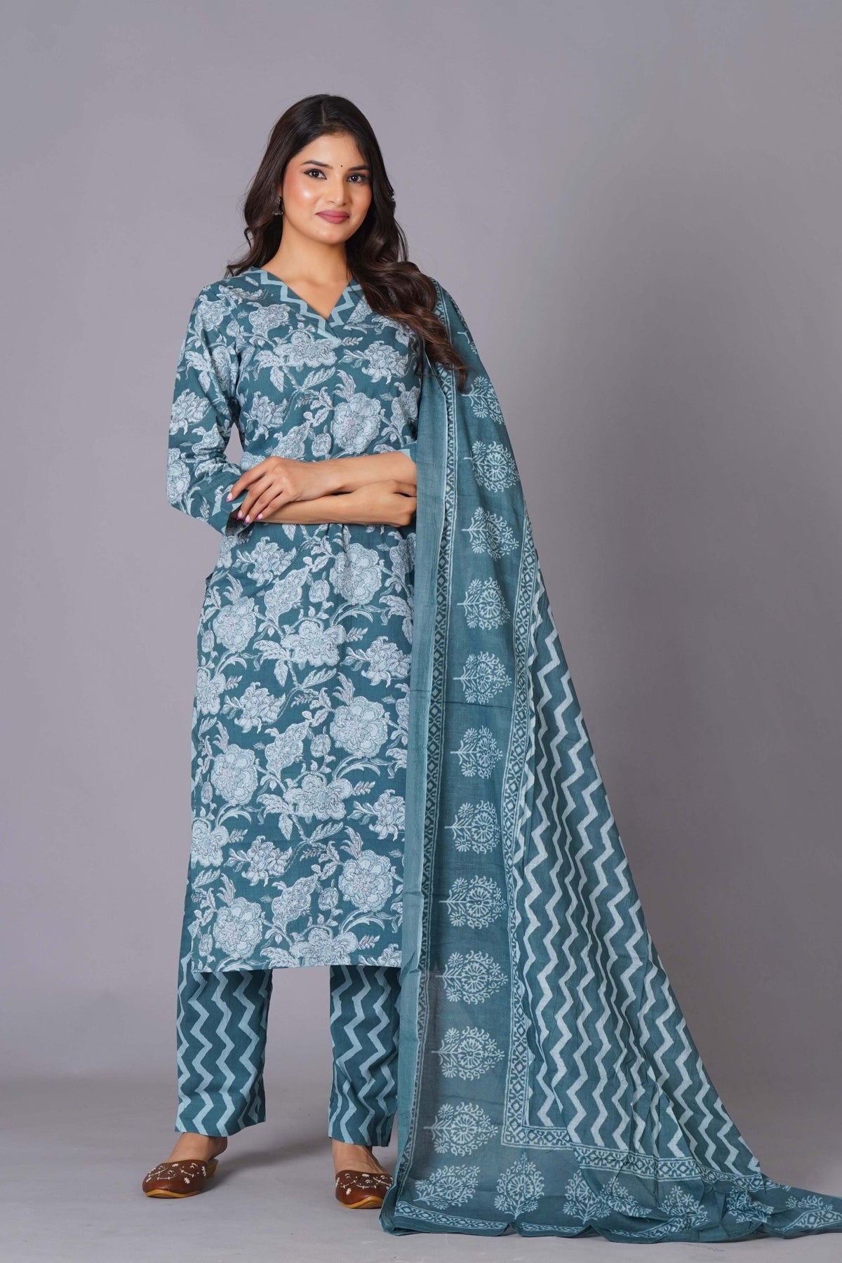 Click to view full screen Aqua Grace Handblock Cotton Suit Set - Himdim Wear