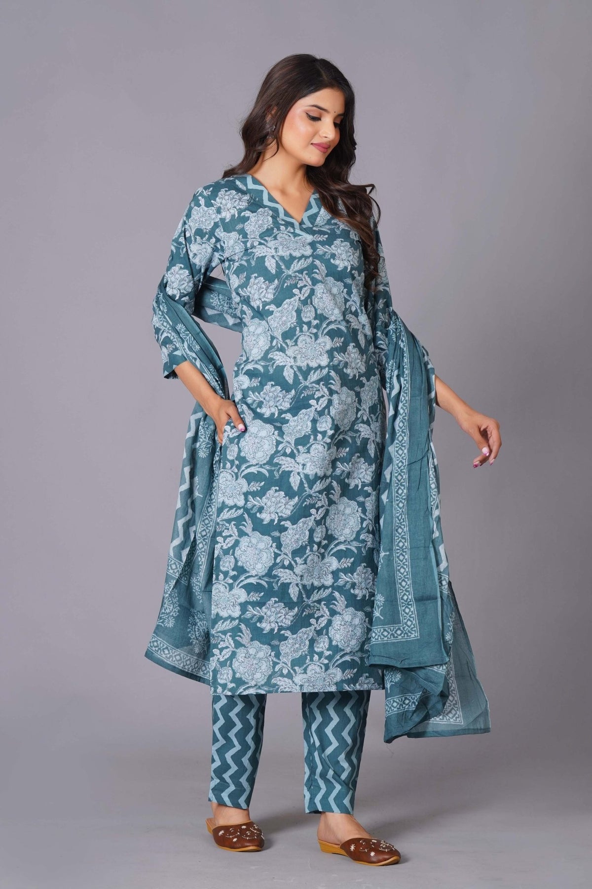 Click to view full screen Aqua Grace Handblock Cotton Suit Set - Himdim Wear