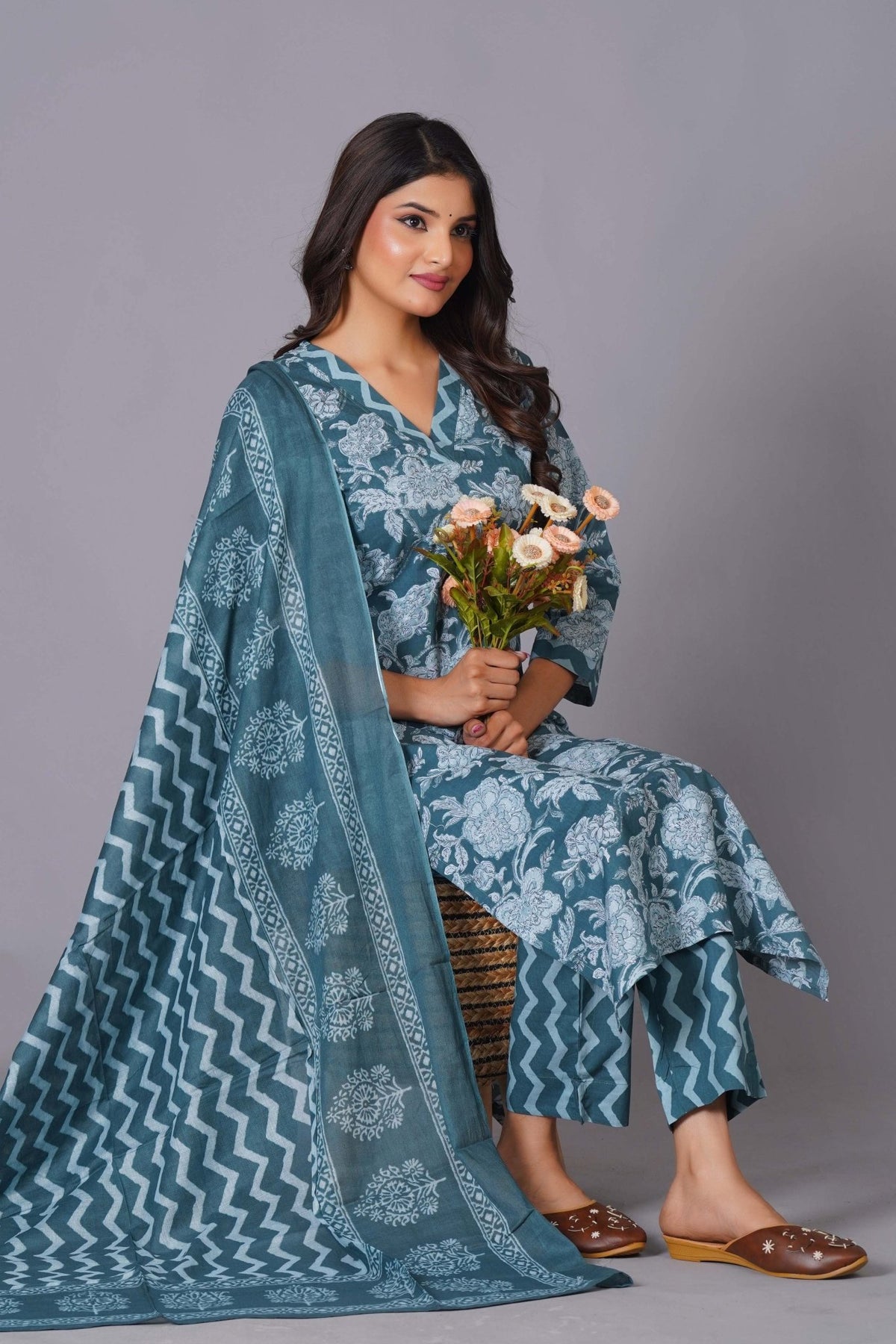 Click to view full screen Aqua Grace Handblock Cotton Suit Set - Himdim Wear