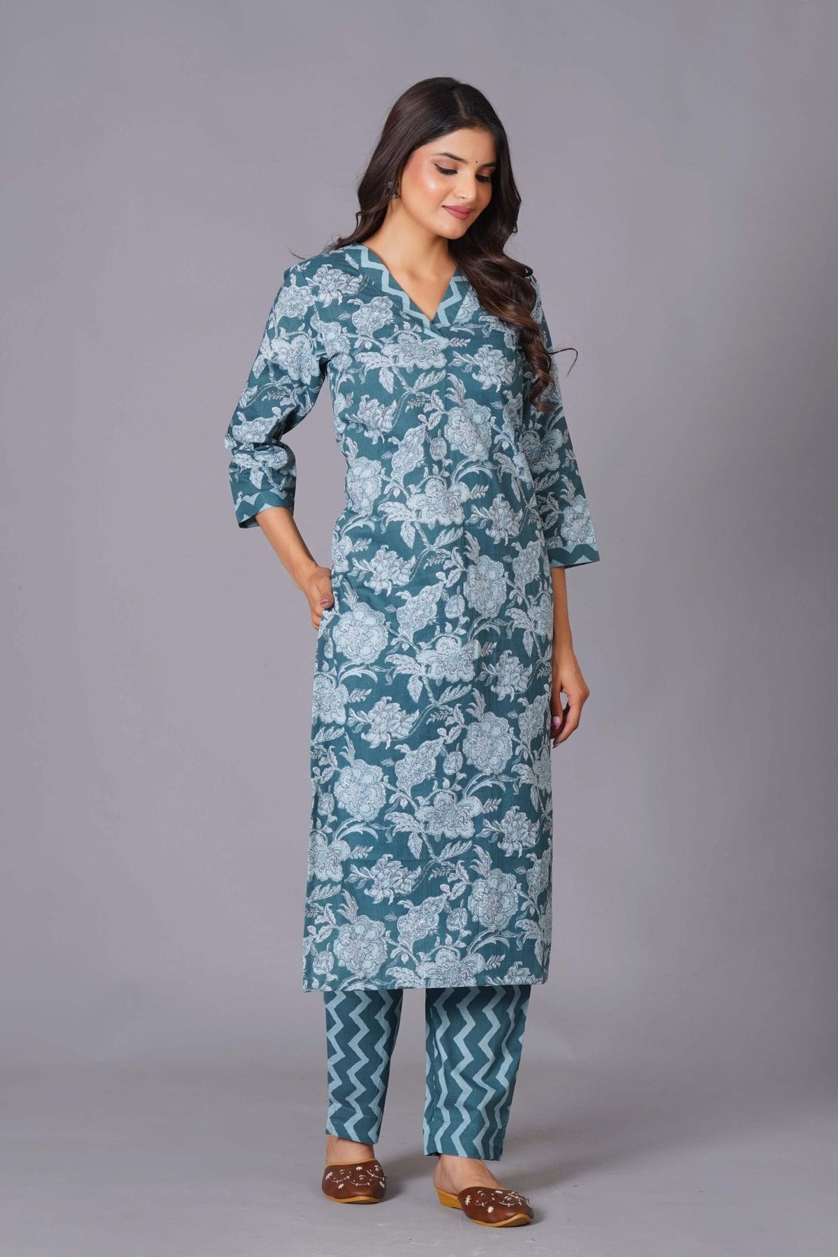 Click to view full screen Aqua Grace Handblock Cotton Suit Set - Himdim Wear