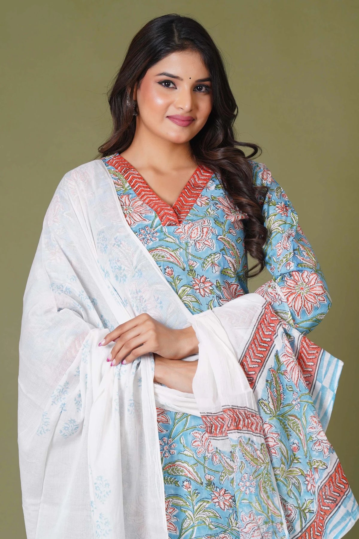 Click to view full screen Azure Floral Block Print Cotton Suit Set - Himdim Wear
