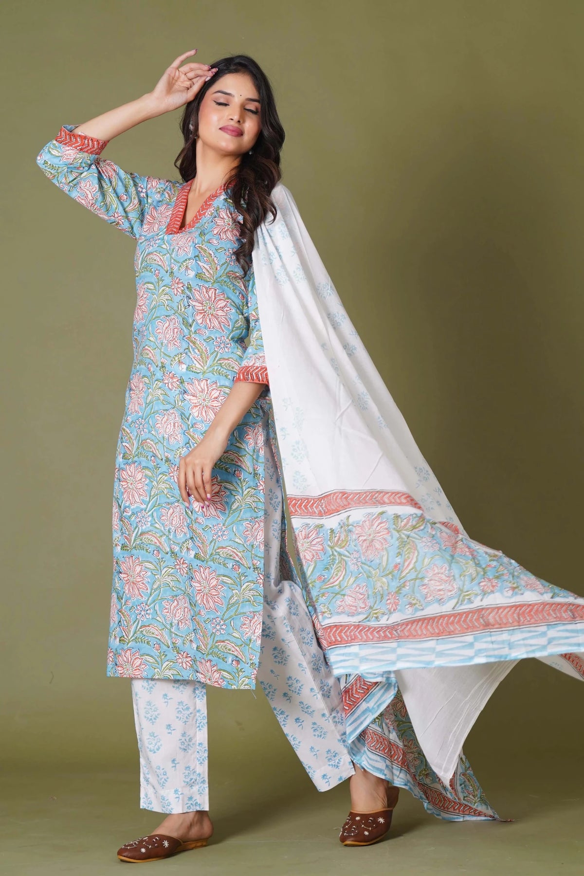 Click to view full screen Azure Floral Block Print Cotton Suit Set - Himdim Wear