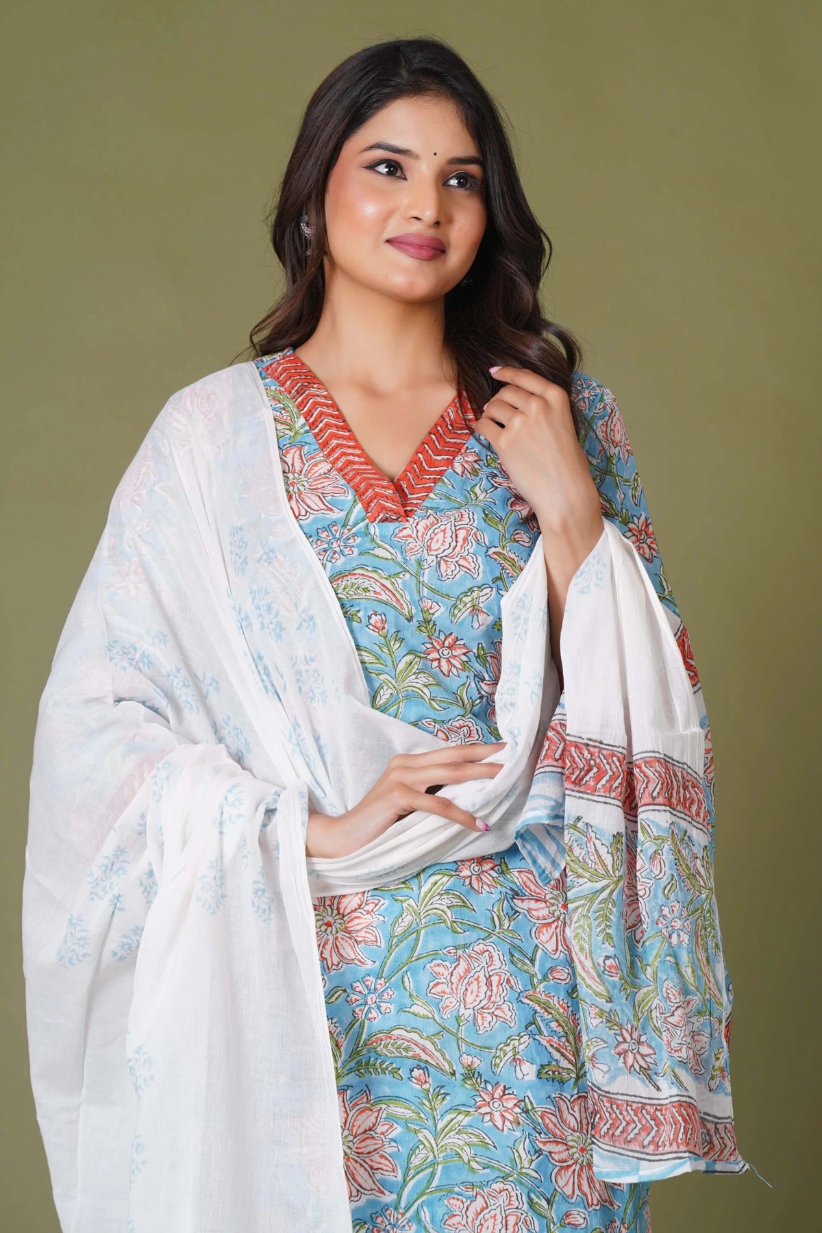 Click to view full screen Azure Floral Block Print Cotton Suit Set - Himdim Wear