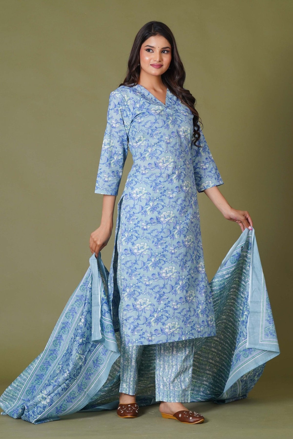 Click to view full screen Blue Symphony Handblock Print Cotton Suit Set - Himdim Wear