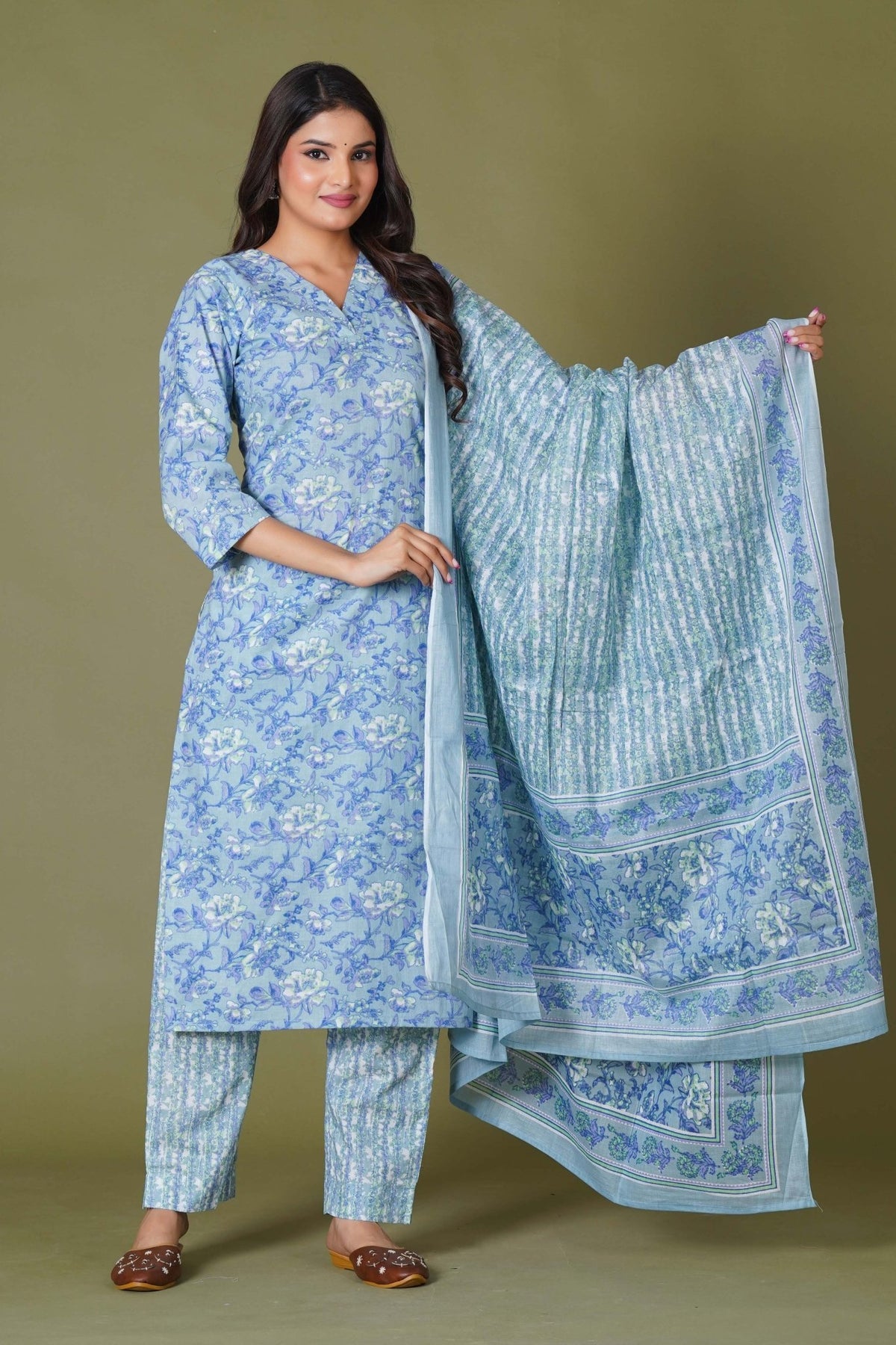 Click to view full screen Blue Symphony Handblock Print Cotton Suit Set - Himdim Wear