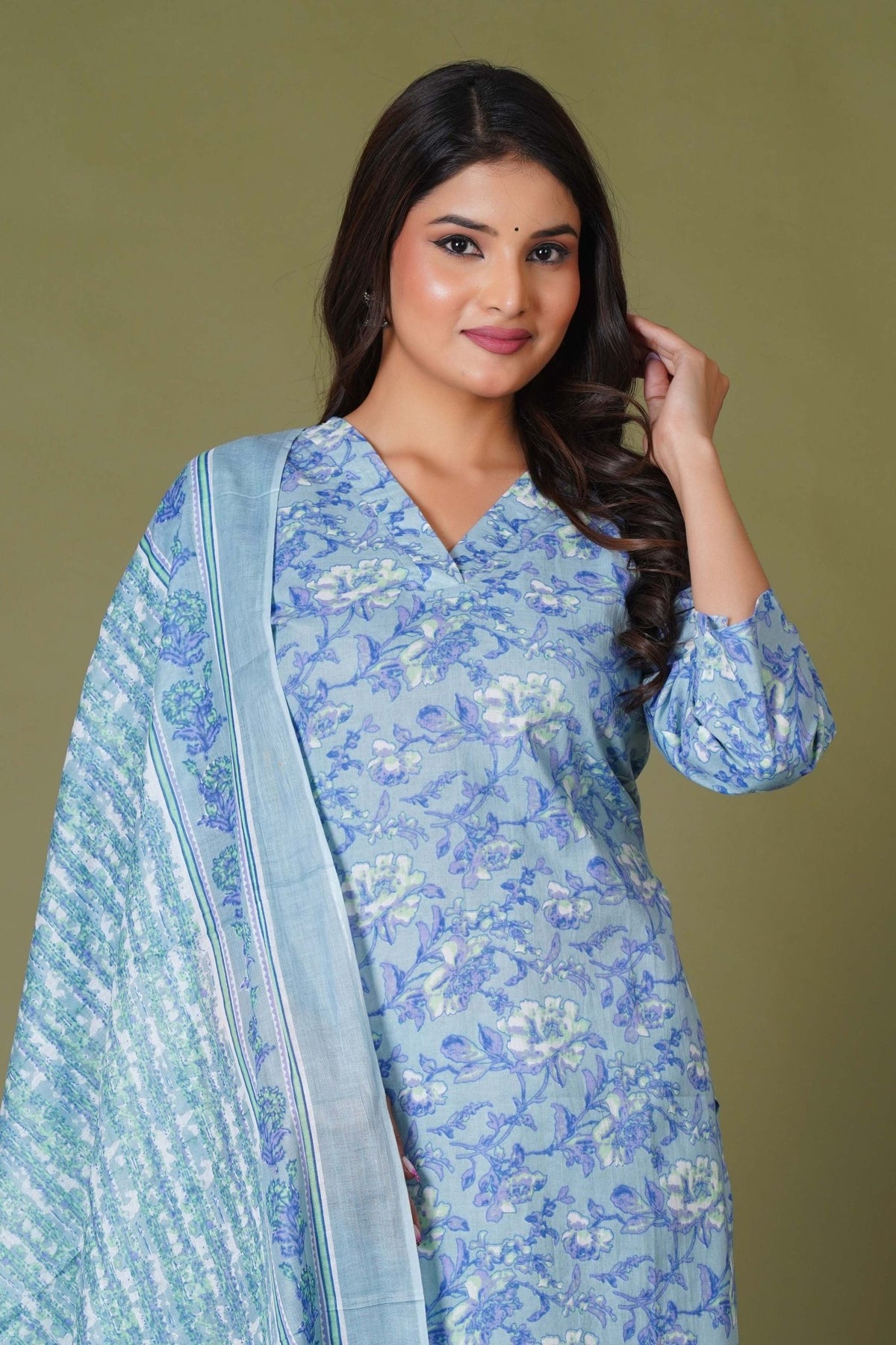 Click to view full screen Blue Symphony Handblock Print Cotton Suit Set - Himdim Wear