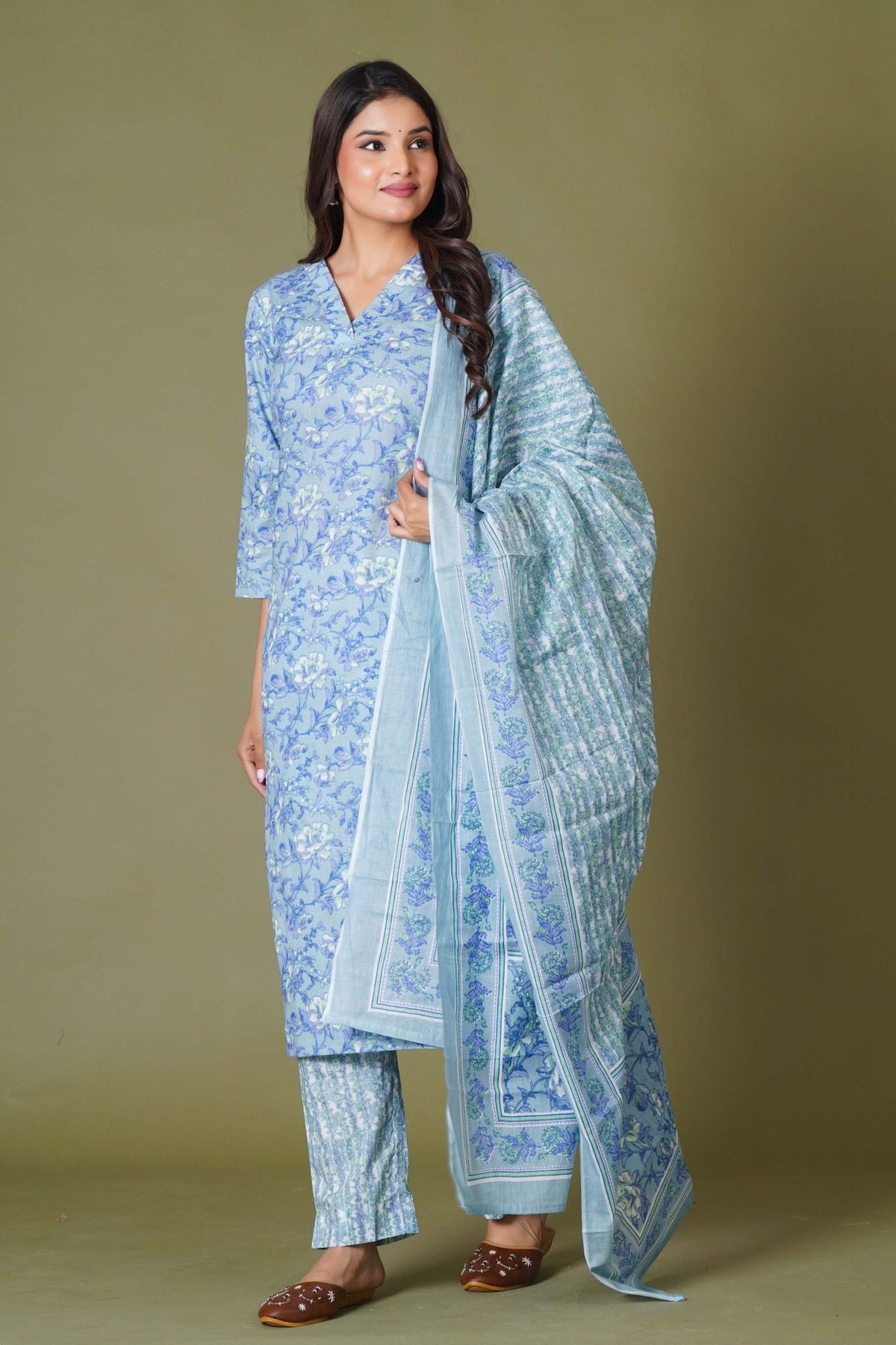 Click to view full screen Blue Symphony Handblock Print Cotton Suit Set - Himdim Wear