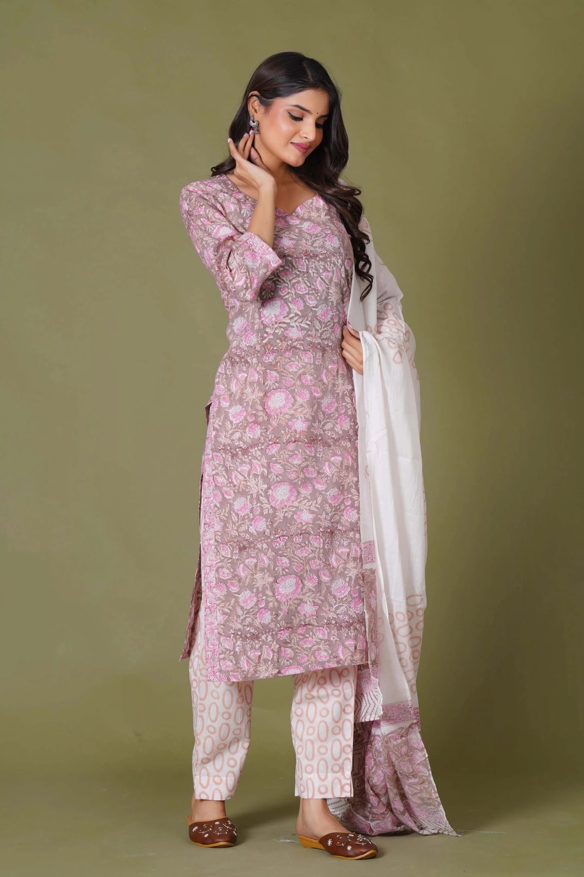 Click to view full screen Blush Aura Handblock Floral Cotton Suit Set - Himdim Wear