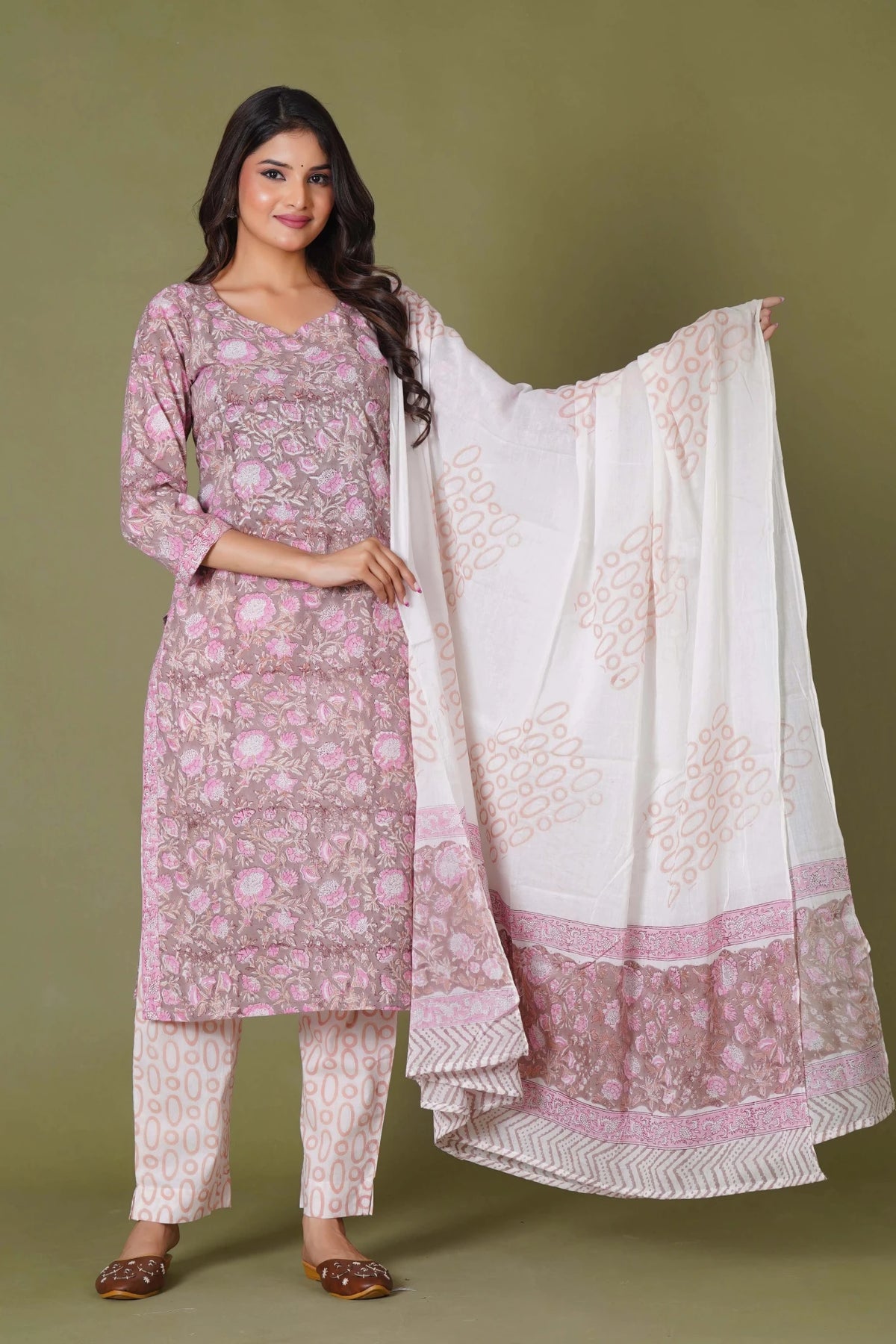 Click to view full screen Blush Aura Handblock Floral Cotton Suit Set - Himdim Wear