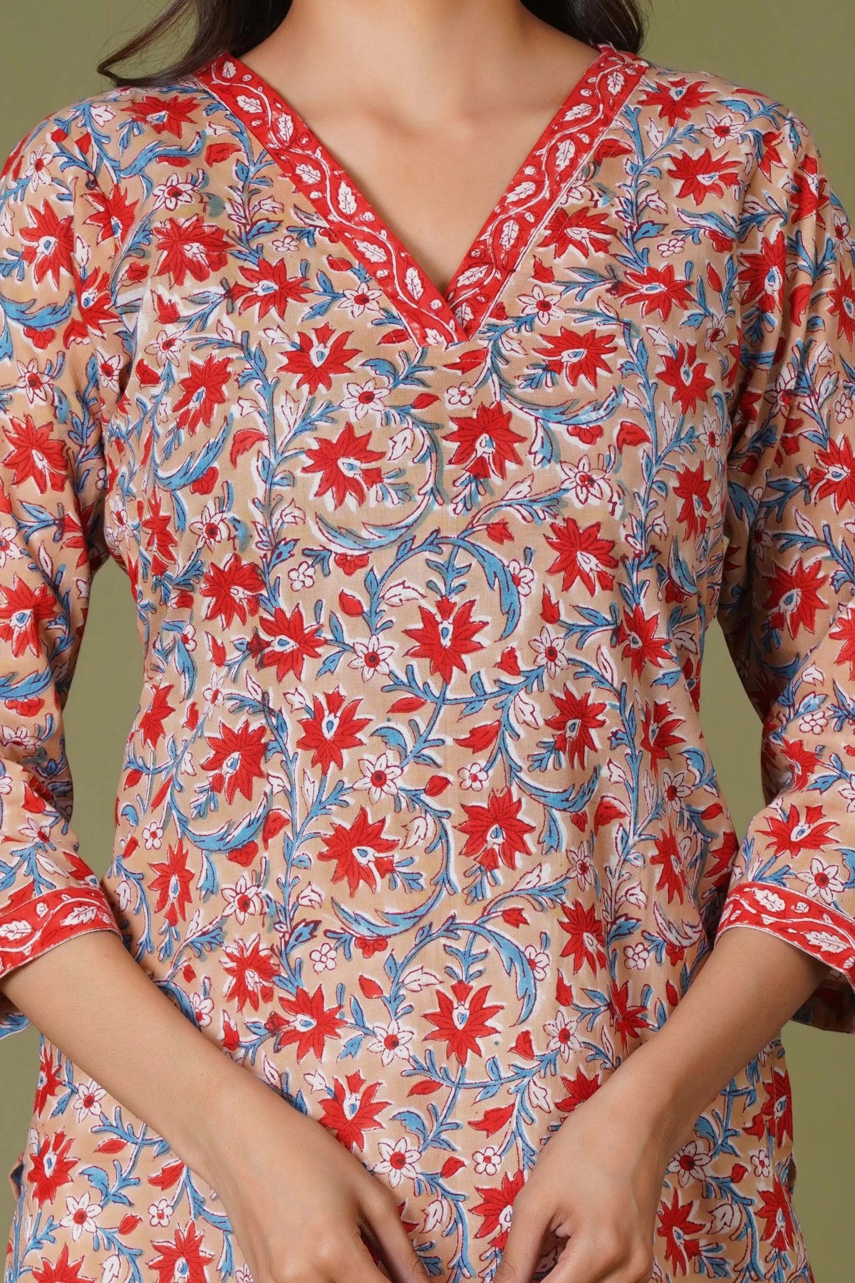 Click to view full screen Crimson Bloom Handblock Cotton Suit Set - Himdim Wear