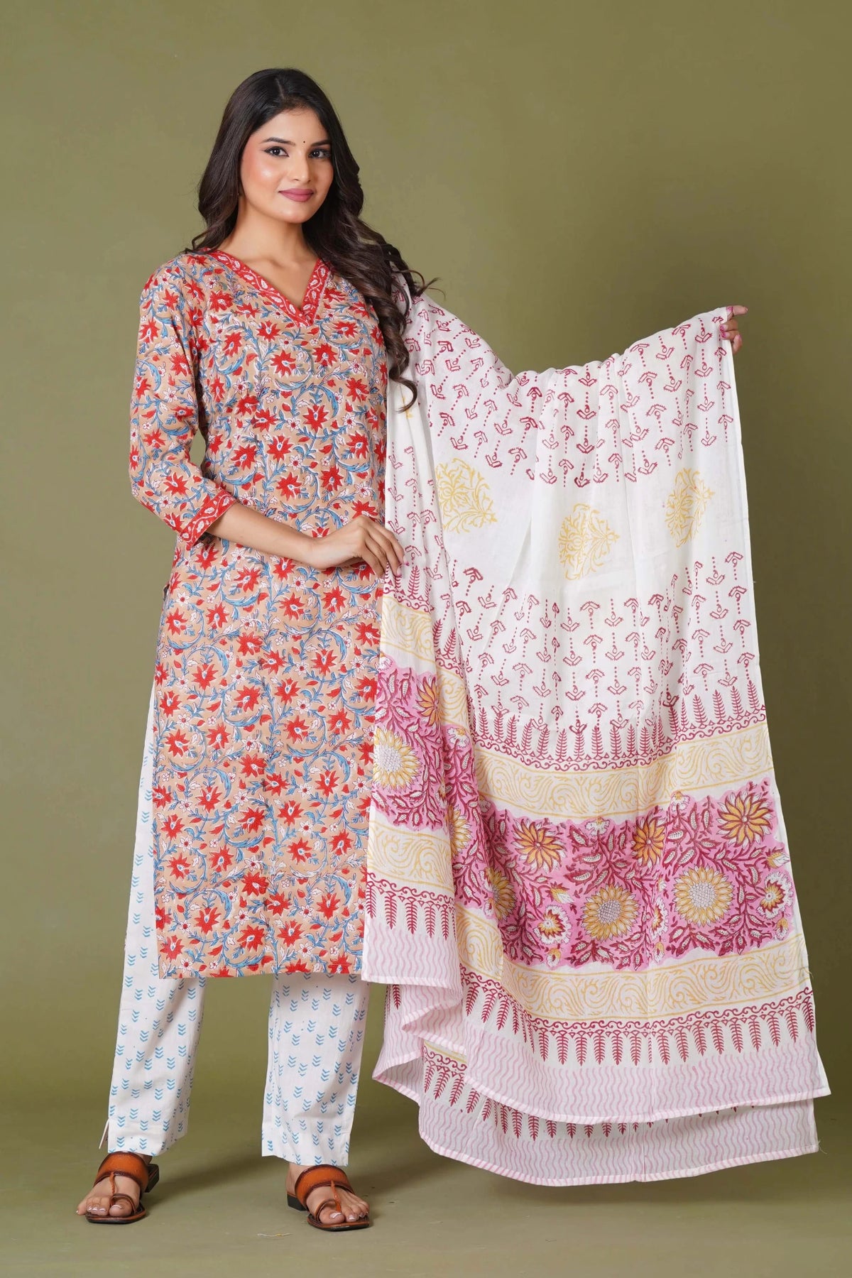 Click to view full screen Crimson Bloom Handblock Cotton Suit Set - Himdim Wear