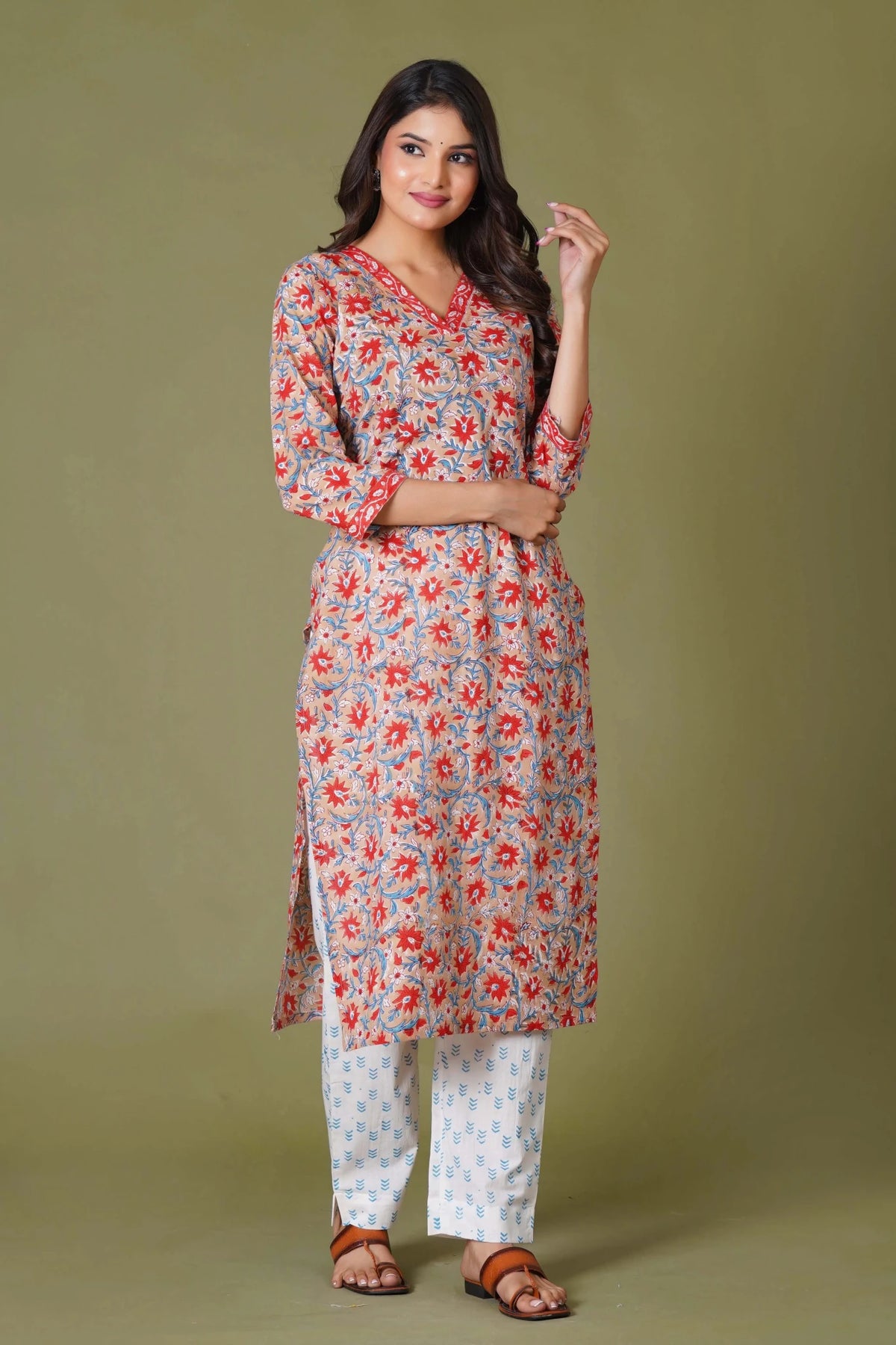 Click to view full screen Crimson Bloom Handblock Cotton Suit Set - Himdim Wear