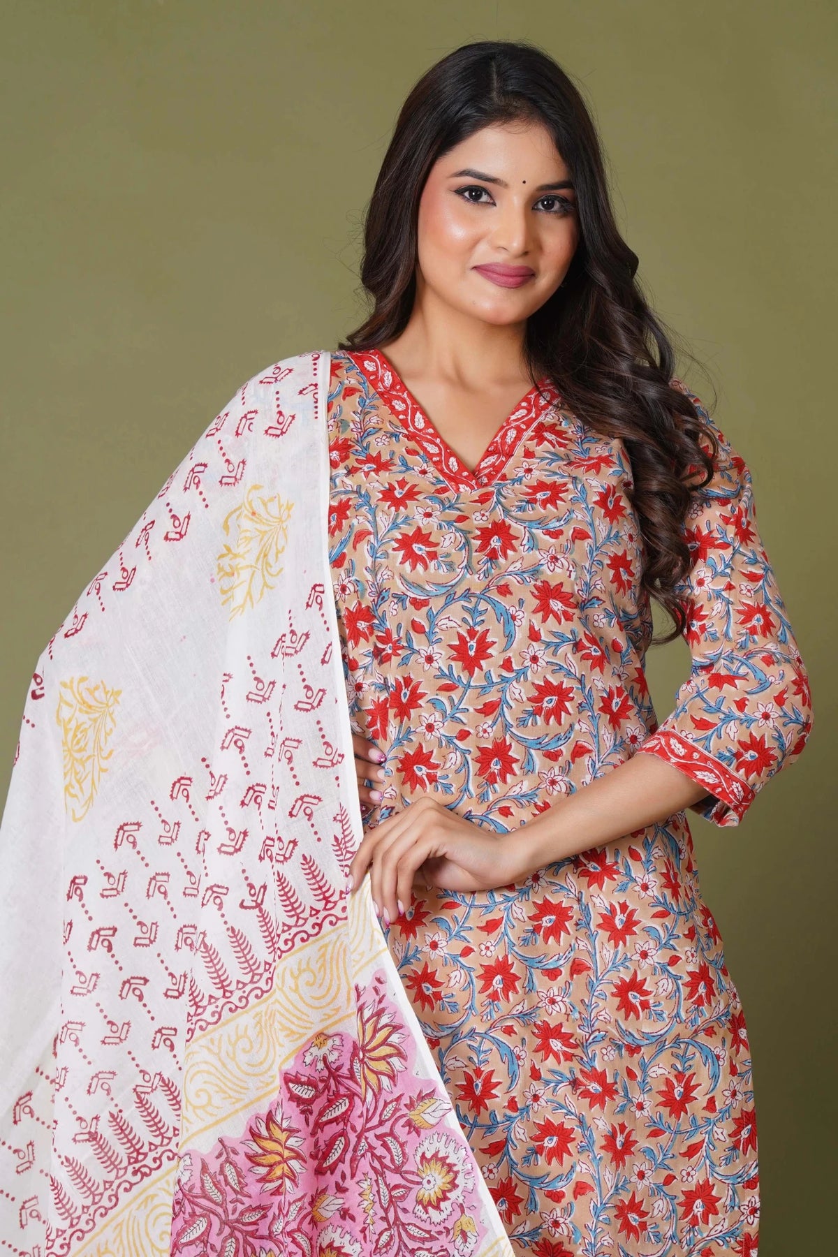 Click to view full screen Crimson Bloom Handblock Cotton Suit Set - Himdim Wear