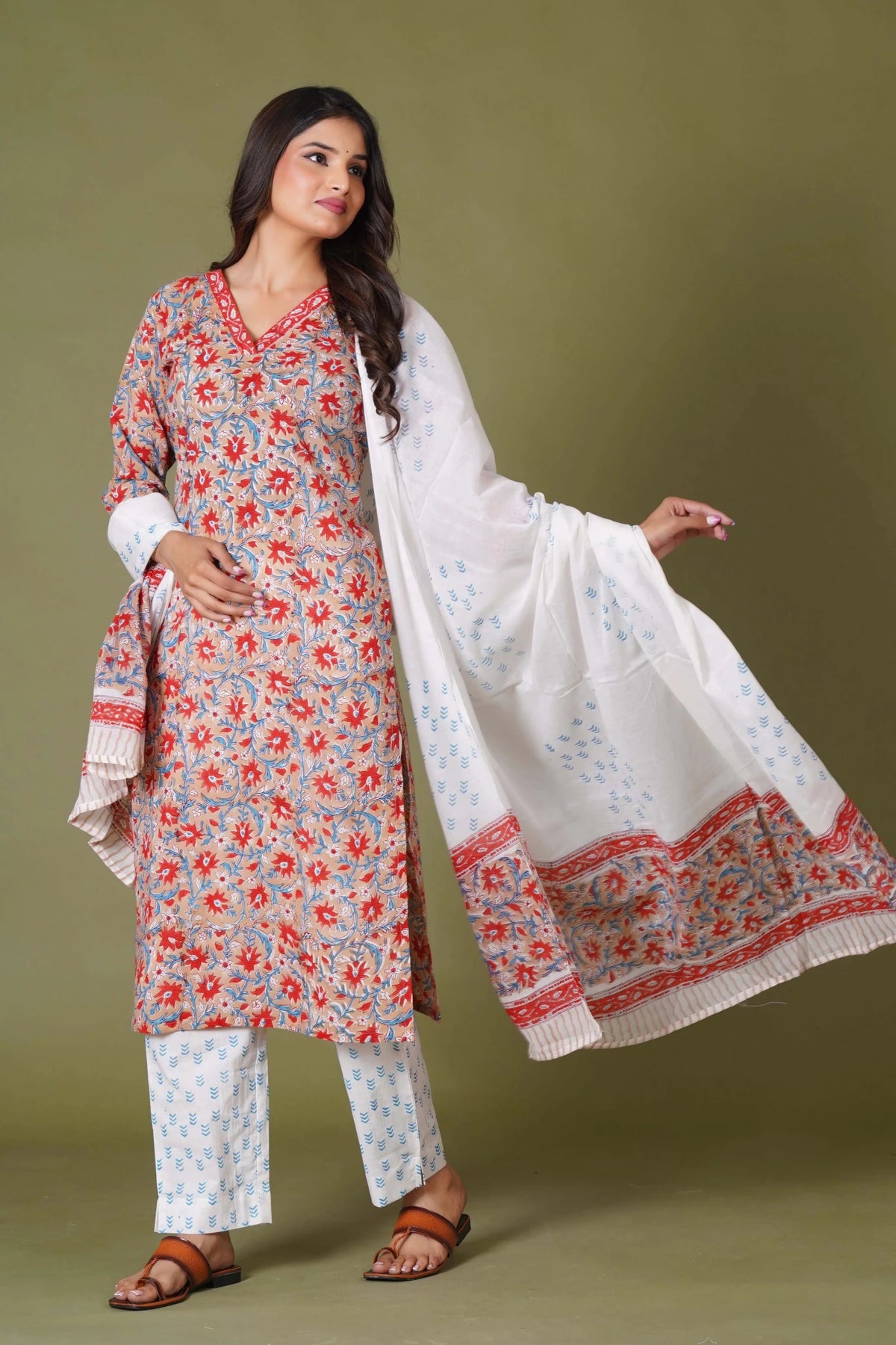 Click to view full screen Crimson Bloom Handblock Cotton Suit Set - Himdim Wear