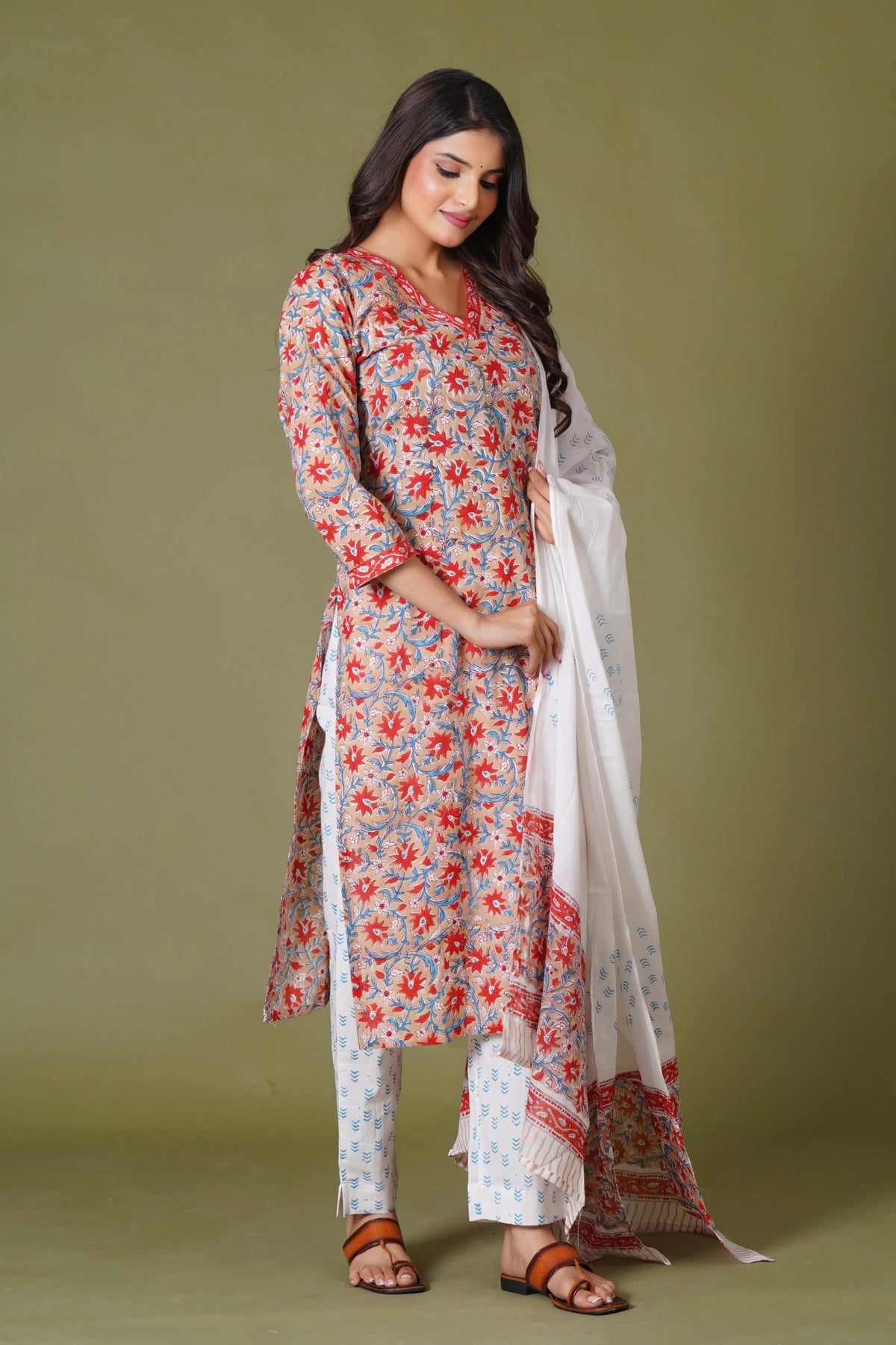 Click to view full screen Crimson Bloom Handblock Cotton Suit Set - Himdim Wear