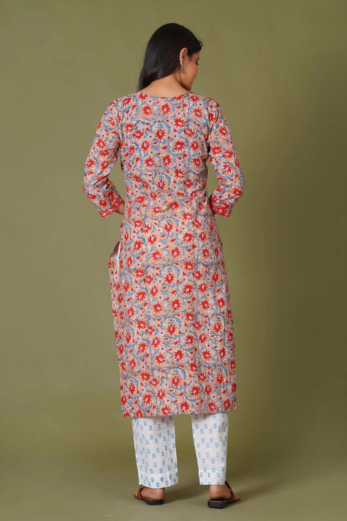 Click to view full screen Crimson Bloom Handblock Cotton Suit Set - Himdim Wear
