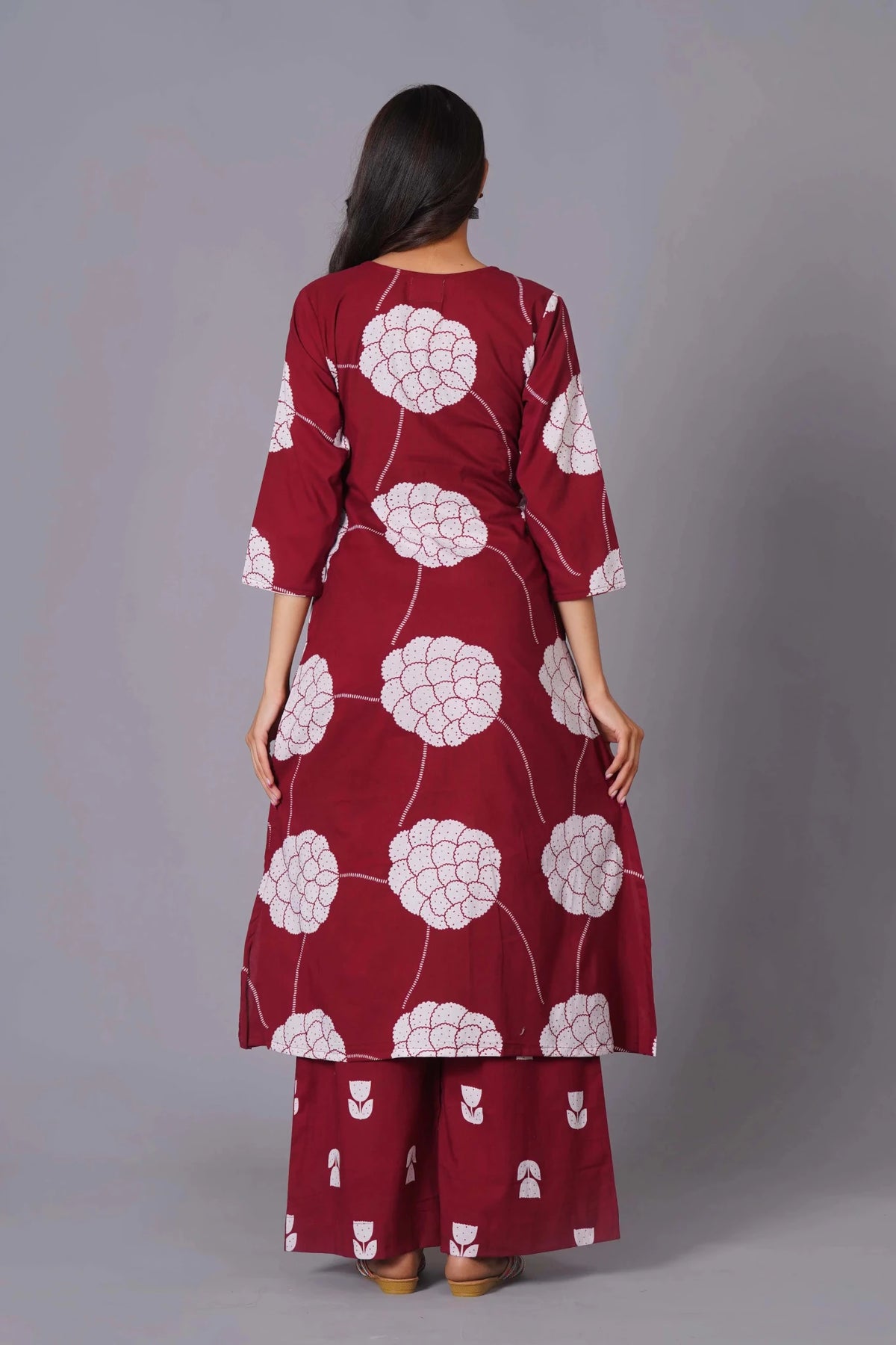 Click to view full screen Crimson Blossom A-Line Oversized Floral Cotton Kurta Set - Himdim Wear