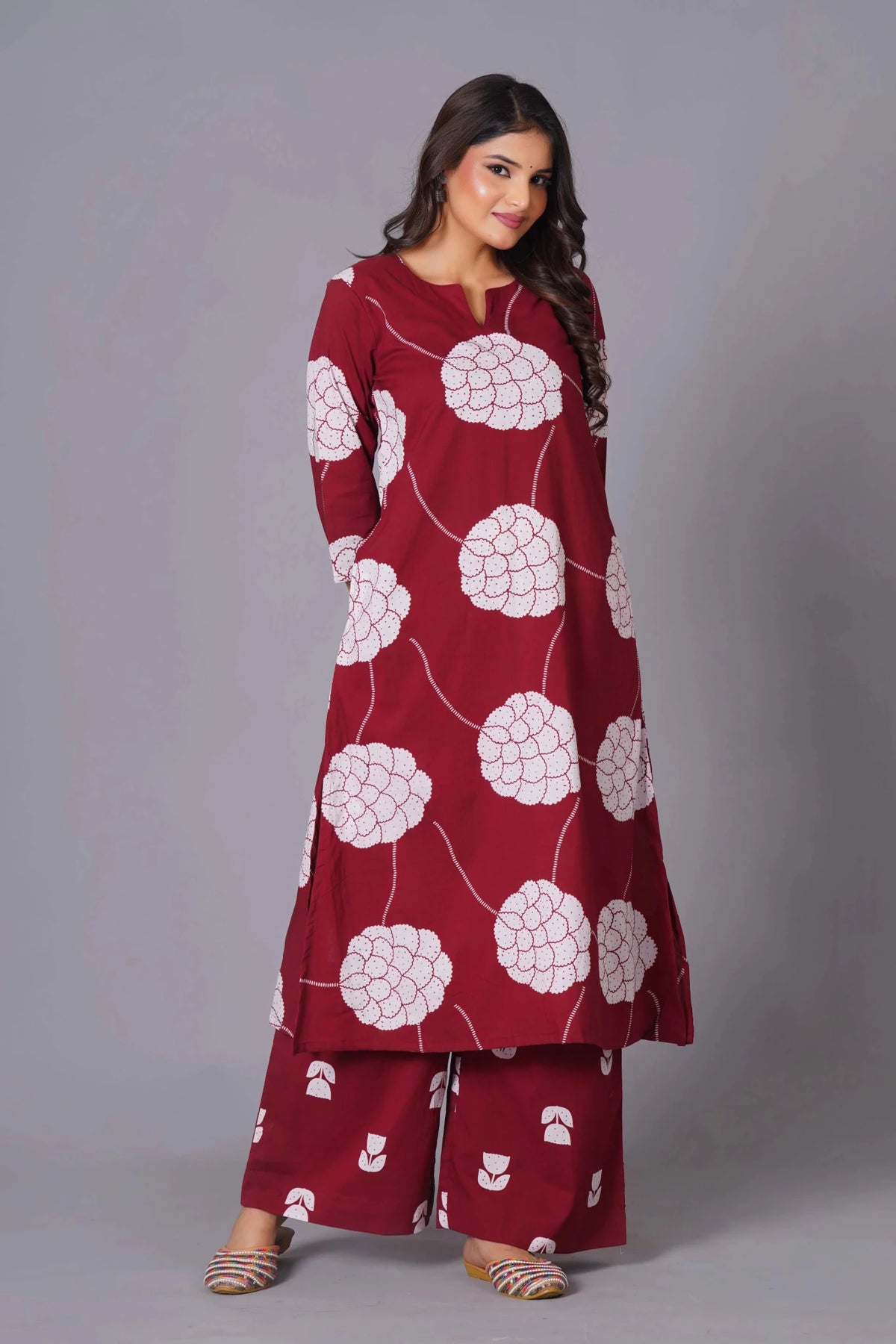 Click to view full screen Crimson Blossom A-Line Oversized Floral Cotton Kurta Set - Himdim Wear