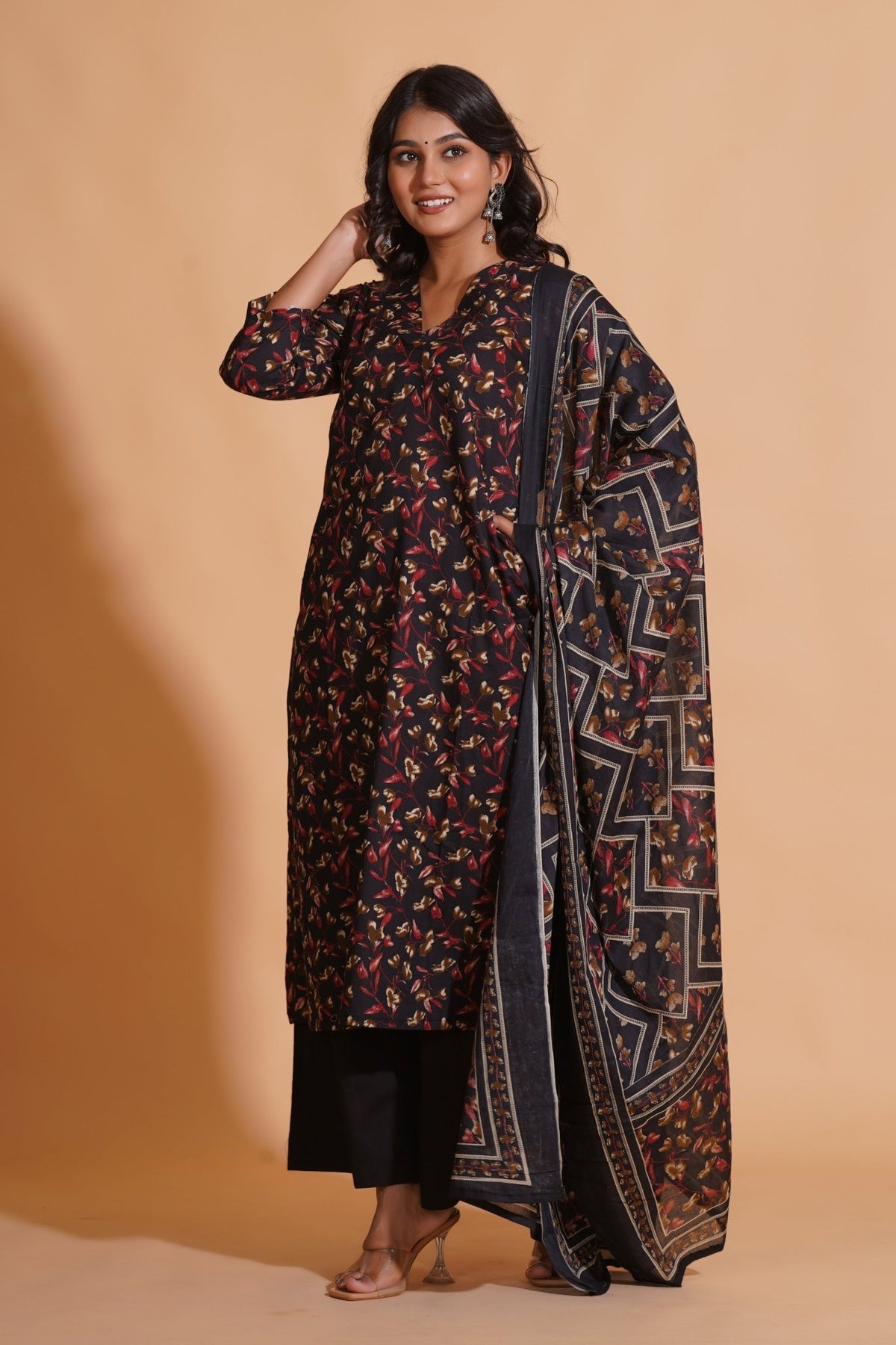 Click to view full screen Enchanted Noir A-Line Floral Suit Set - Himdim Wear